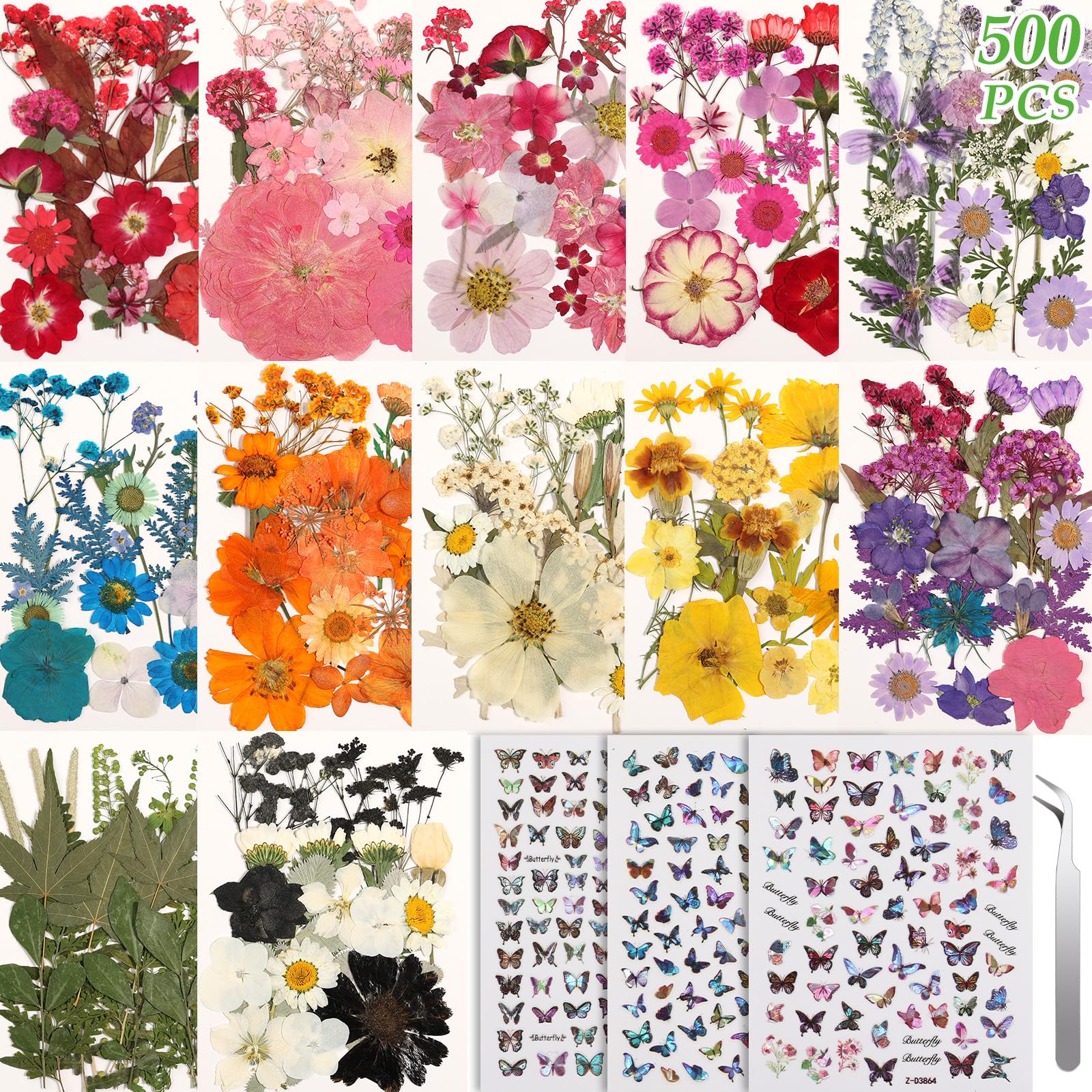 500 PCS Dried Flowers Butterfly Stickers for Crafts Real Natural Pressed Flowers Dry Leaves Kit for DIY Making Crafts Resin Soap Candle Scrapbook Supplies Card Making Jewelry