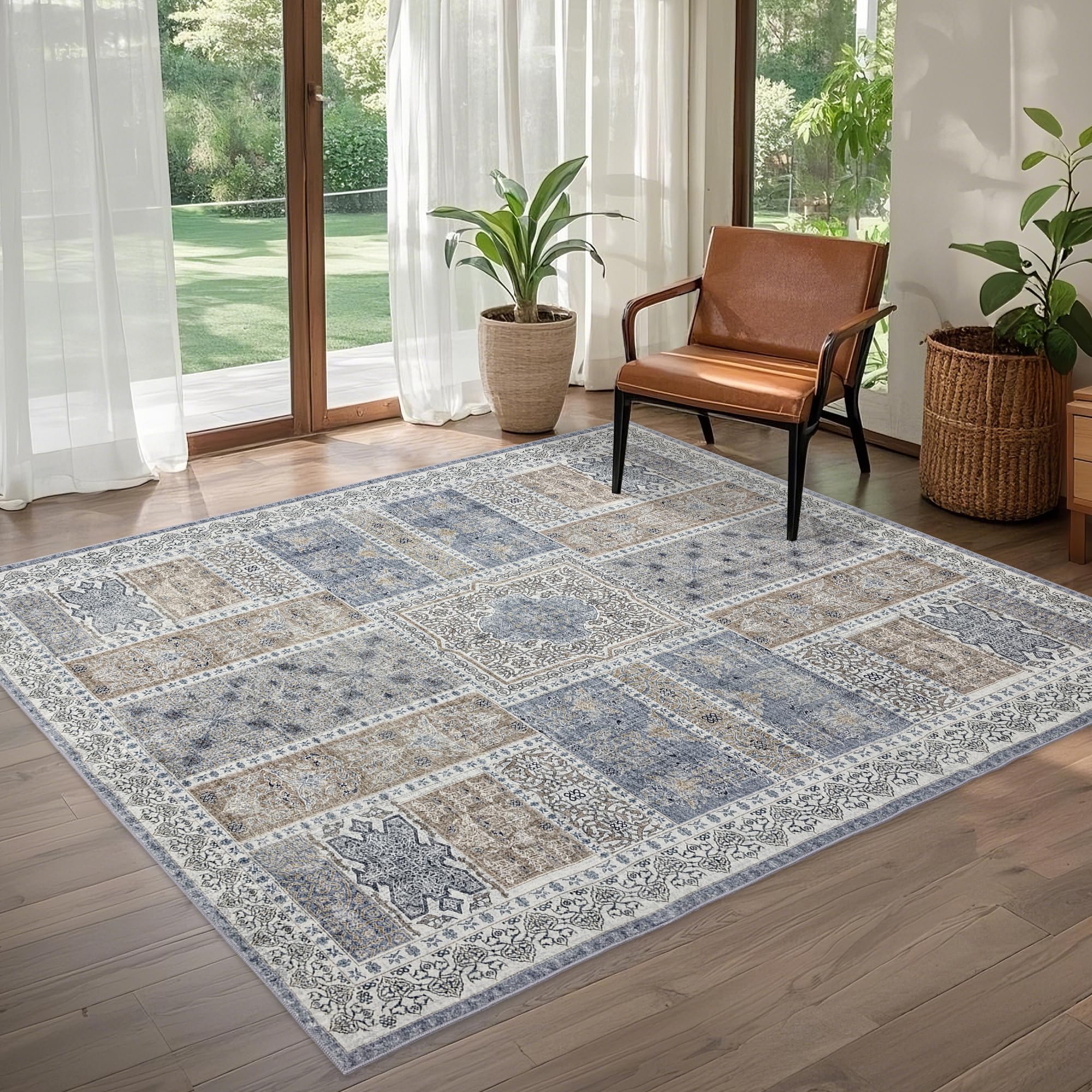 Brevonox 6x9 Area Rugs Washable: Oriental Soft Area Rug for Living Room Bedroom No Shedding - Low Pile Thin Carpet Rug for Dining Room Non Slip - Boho Vintage Rug for Home Decor - Blue Grey โ image 1