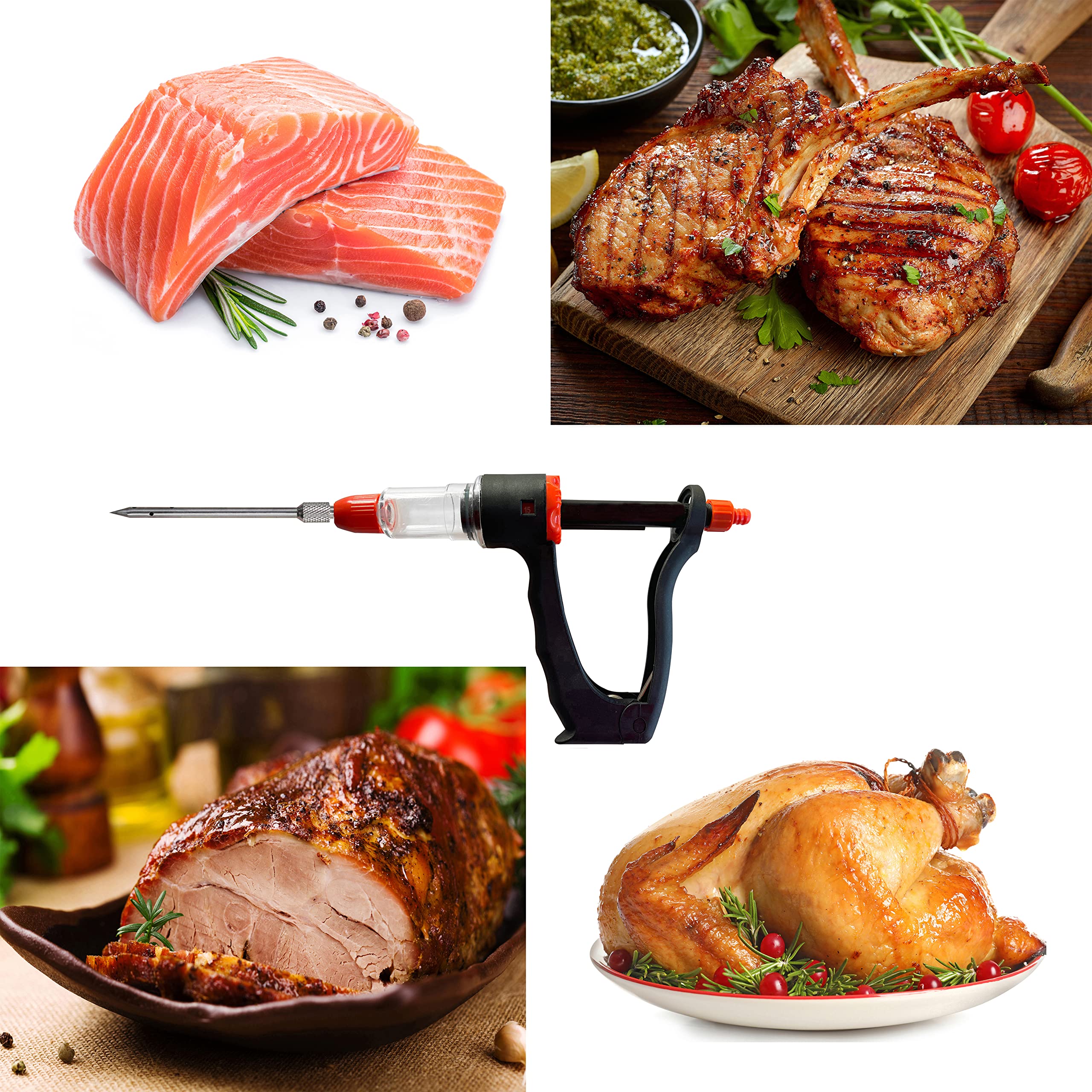 Marinadenspritze, Fleischnadeln, Gewürz-Injektor, Fleisch-Injektor-Set mit Etui, Injektions-Sole-Marinaden für Fleisch, Truthahn, Huhn, Rind, Fisch, 15 ml Fasskammer, 10,2 x 11,1 cm S/S-Nadeln