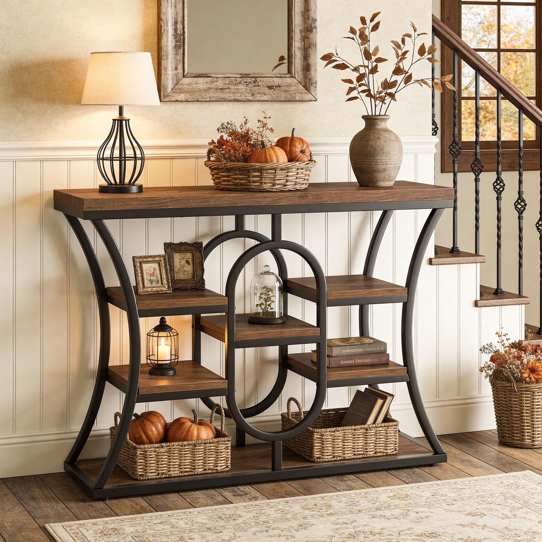 Tribesigns Tavolo Console Industriale 105 cm, 5 Ripiani Sfalsati, Tavolo da Divano con Struttura in Metallo e Scaffali Portaoggetti, Mobile Stretto per Ingresso, Corridoio, Soggiorno, Marrone Rustico