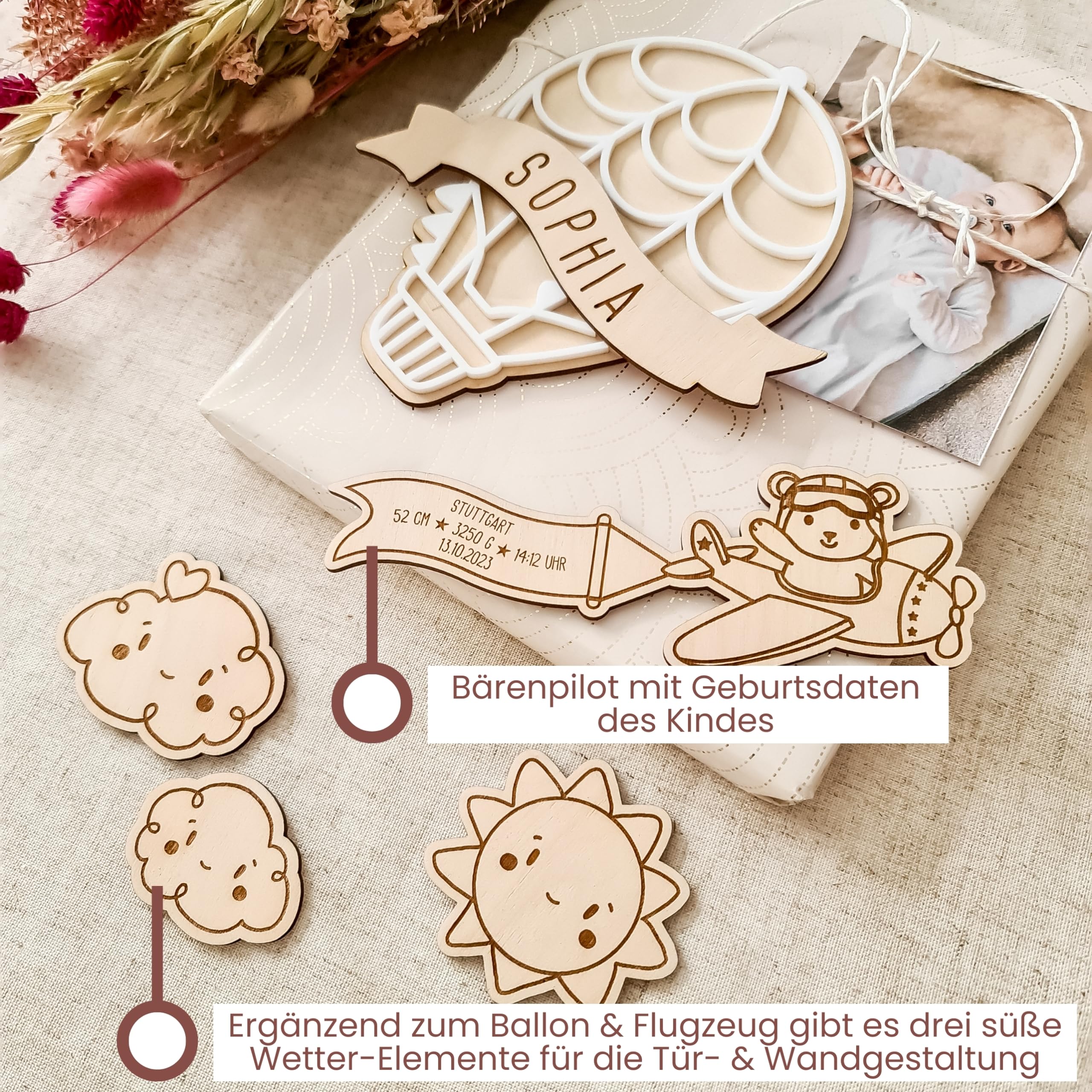 Meilensteinkarten Baby Holz 1-12 Monate personalisiert – Mädchen & Jungen Heißluftballon (Set 4) Komplett-Set)