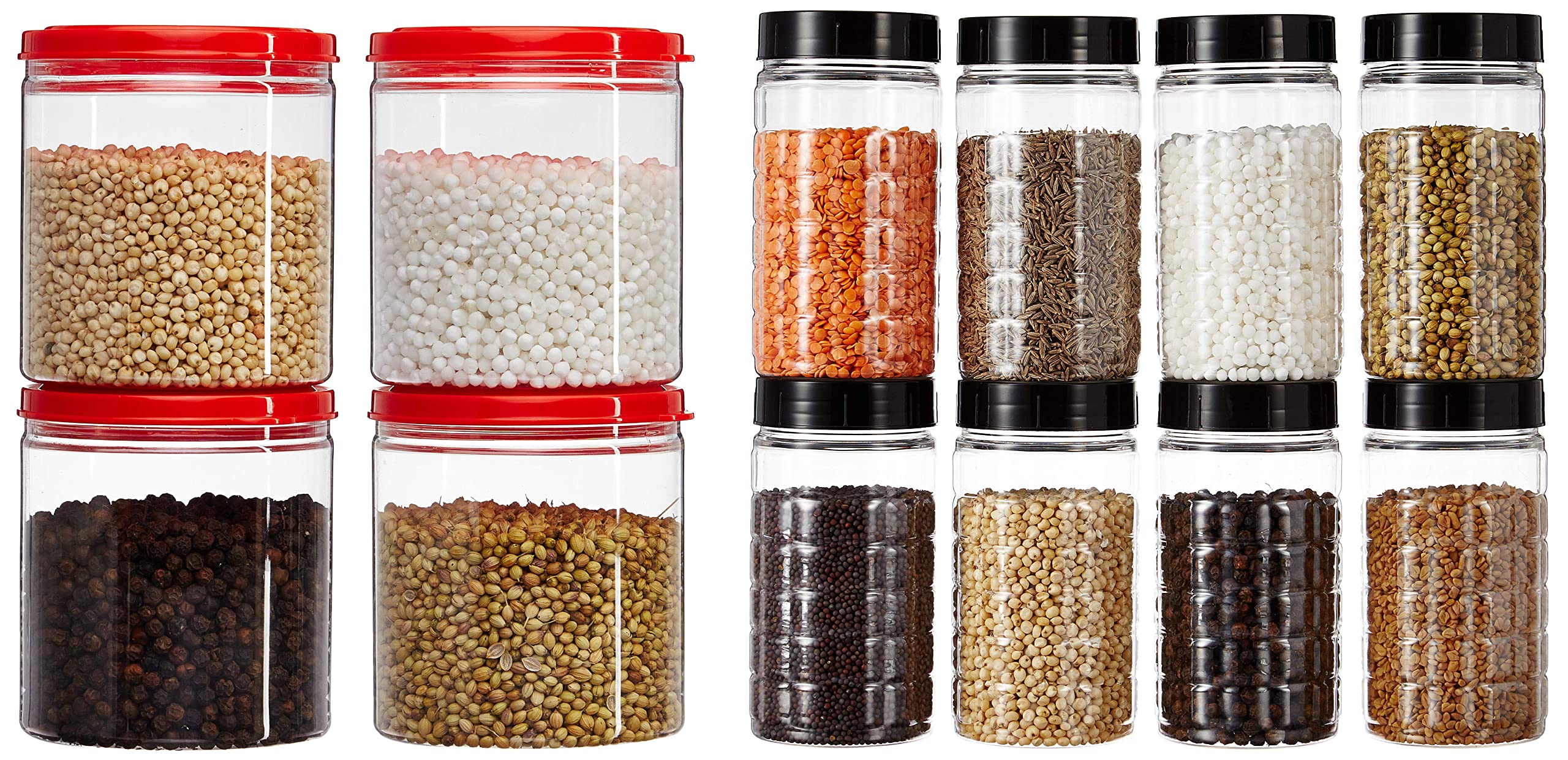 Amazon Brand - Solimo Spice Jar, 200 ml, Set of 8, Black, Plastic & Amazon Brand - Solimo Marvel Small Jar with Snapfit Cap, 475 ml, Set of 4, Red, Plastic (B07VR23STM) Amazon Price History, Amazon Price Tracker