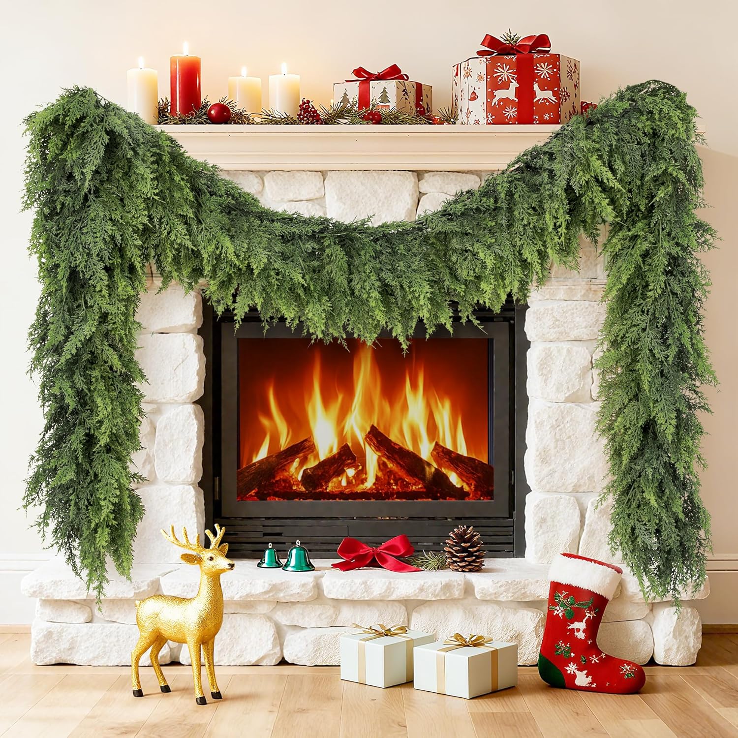 Cedar Garland 9FT Christmas Garland Real Touch Garland Artificial Realistic Greenery Cypress Pine Garlands for Mantle, Fireplace, Stairs,Table, Doorframe Vintage Outdoor Indoor Christmas Decorations 9 FT