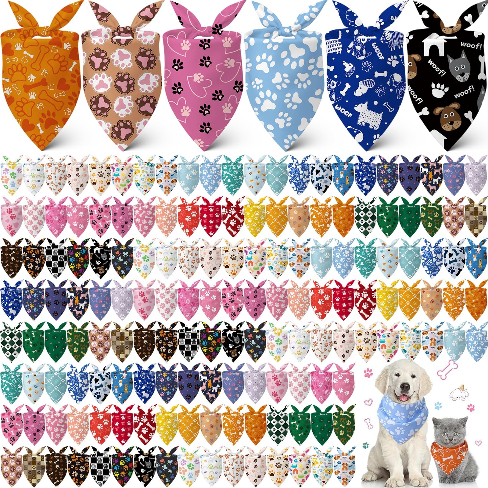 Kacctyen 200 Pcs Dog Bandanas Bulk Dog Paw Printed Pet Scarf Bibs Adjustable Washable Kerchief Daily Holiday Party