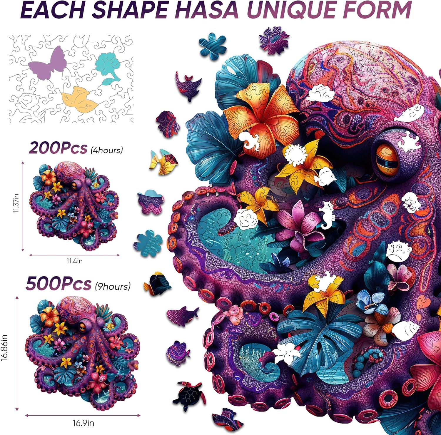 Jiroinlly Octopus Wooden Puzzle for Adults, Ocean Jigsaw Puzzles 500 Pieces, Unique Shaped Family Reunion Puzzle, Beautiful Package, Best Gift for Family and Friends 16.86x16.9 in
