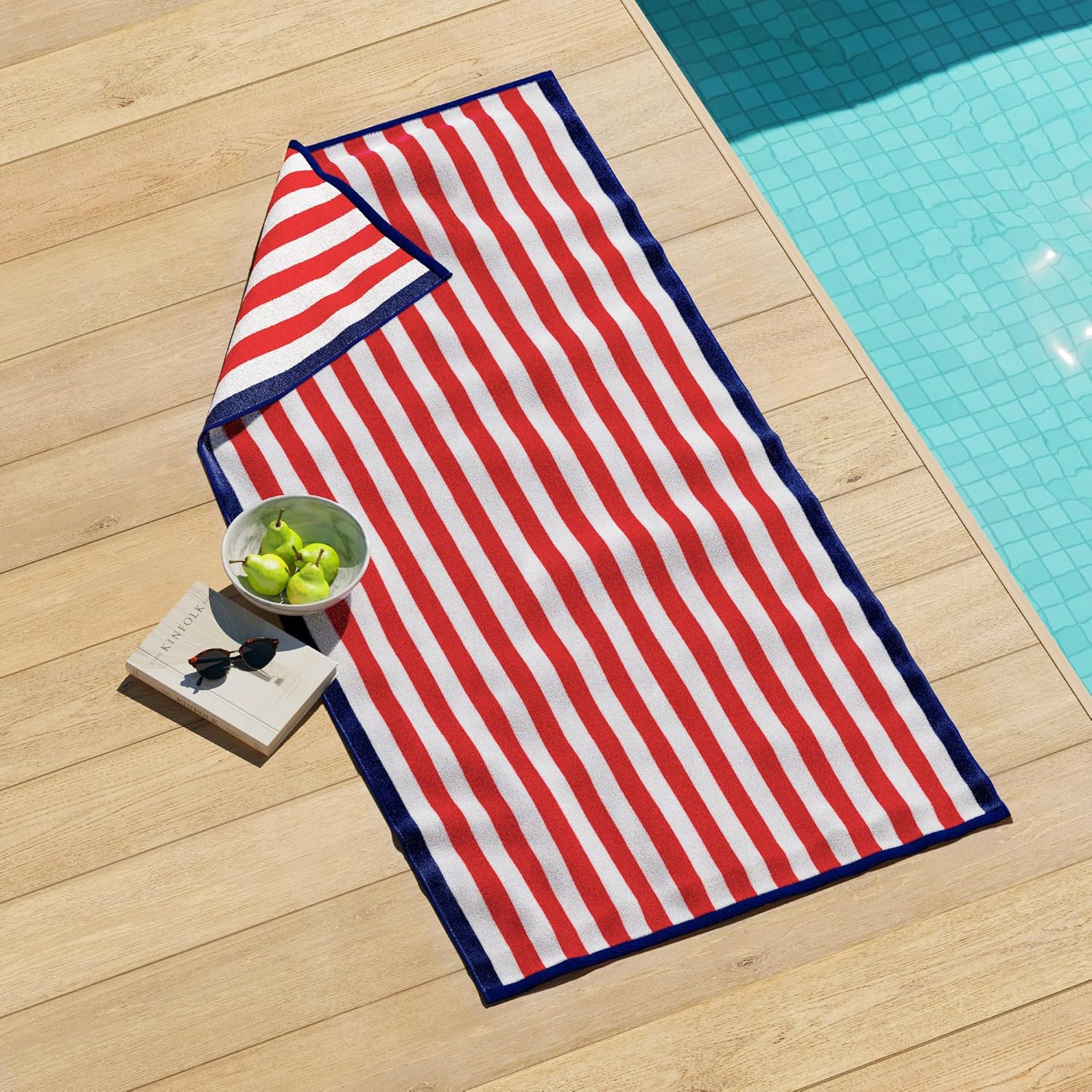 Great Bay Home 100% Cotton Velour Beach Towels - Oversized (35" x 70") Stripe Border Pool Towel - Quick Dry, Absorbent, Ultra-Soft (Red/Navy)