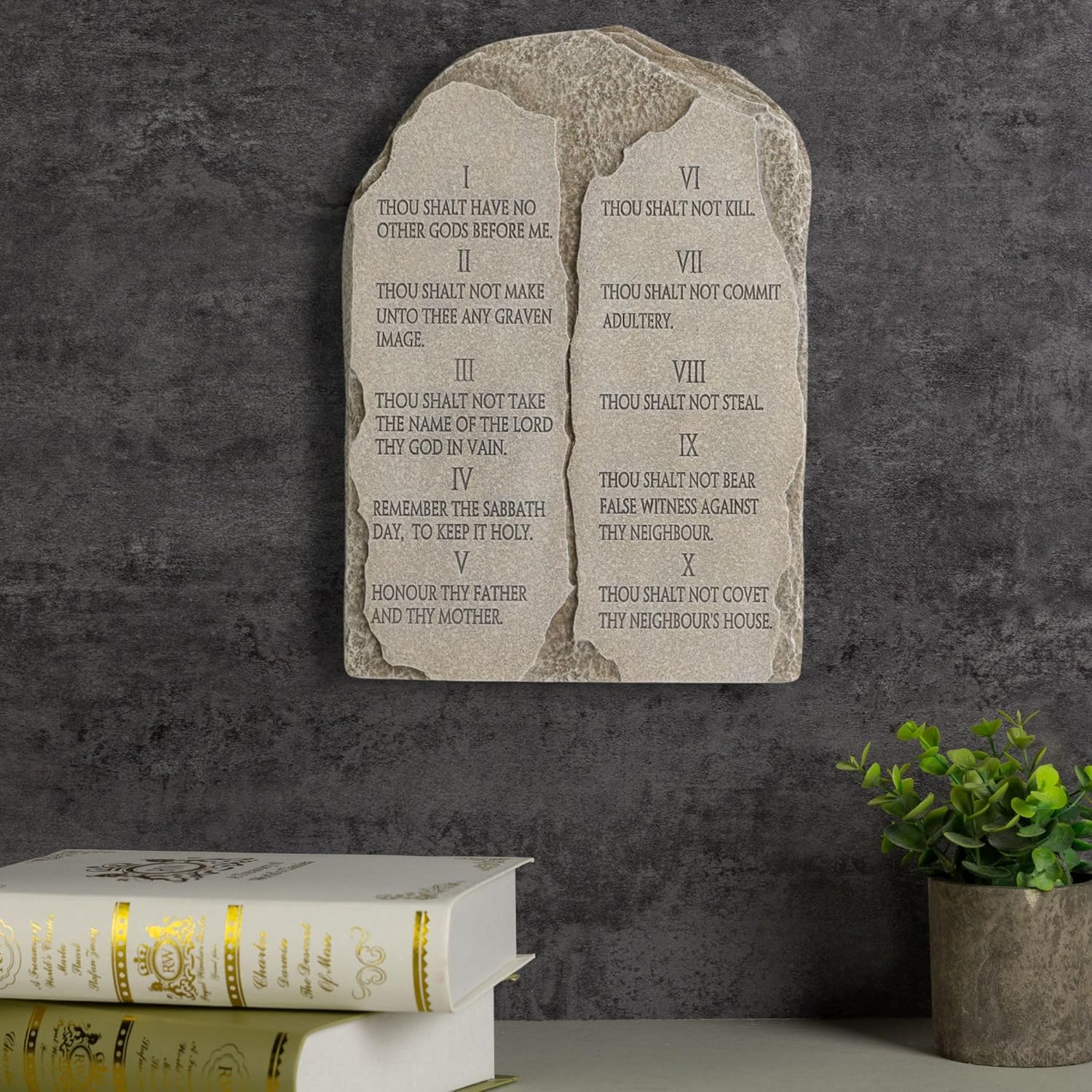Ten Commandments Wall Plaque - 10 inch Religious Plaque for Home, Office, or Church Inspritional Table Decor Los 10 mandamientos Black Stone Effect Resin Tablet with Gold Engraved Scripture (Gray)