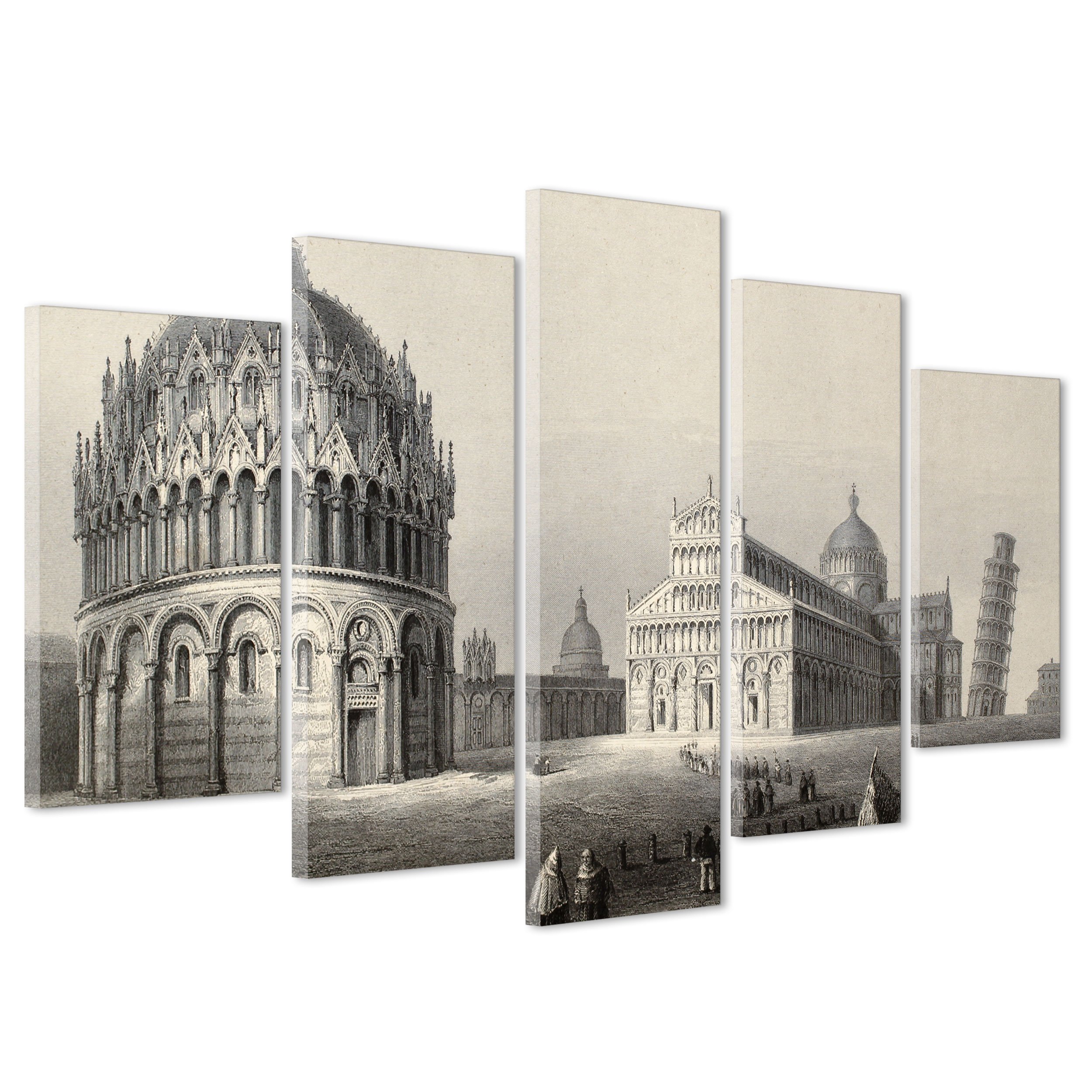 ConKrea Bild auf Leinwand, gerahmt, fertig zum Aufhängen, Piazza dei Miracoli, Torre di Pisa – Antike Gravur 1842 – 170 x 86 cm (Code 2824)