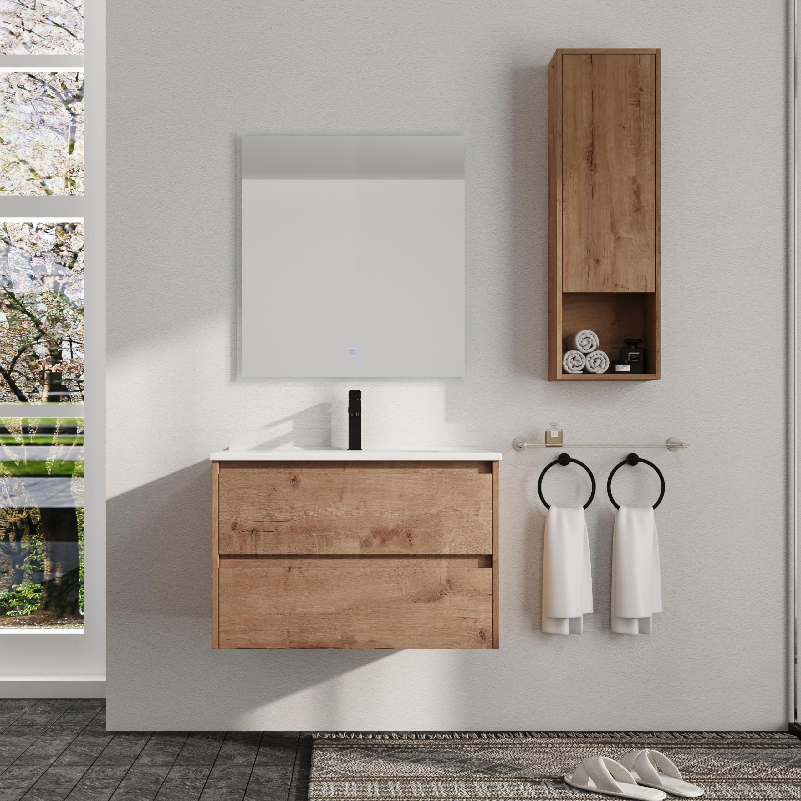 Malwee 30 Inch Floating Bathroom Vanity with Ceramics Sink, Double Drawer Soft Close Storage Cabinet Basin Top Combo, Brown Wall Mounted Vanity Set