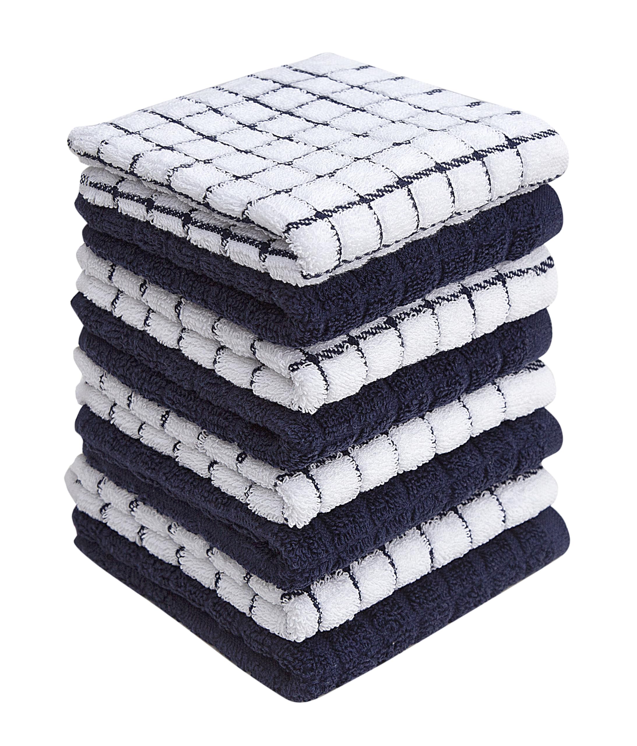 Bumble Towels Premium Cotton Dish Cloths (12" x 12") Navy Check Design | Highly Absorbent with Hanging Loop | Natural Ring Spun Cotton | Kitchen Dish Set | 380 GSM - 8 Pack