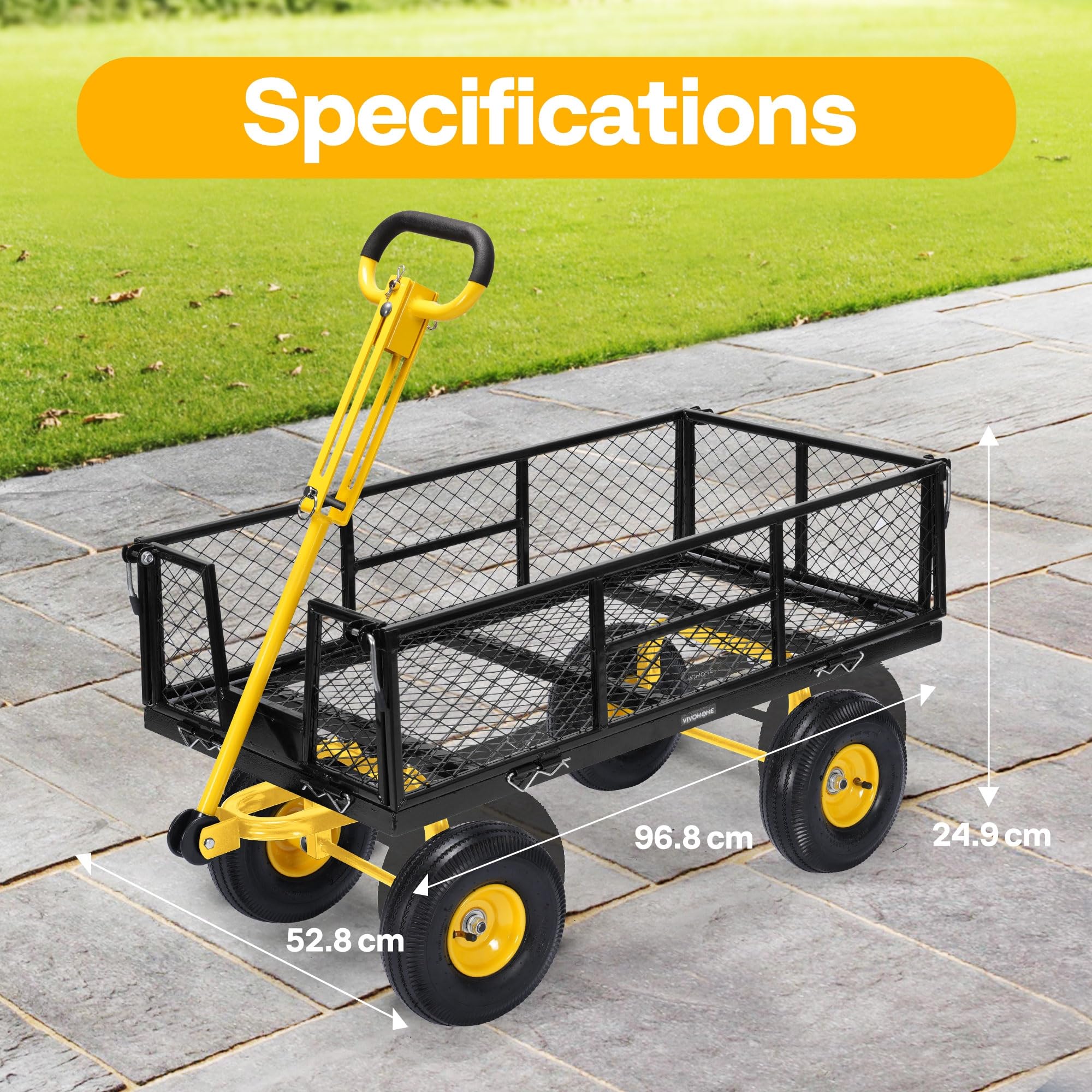 VIVOHOME Wózek Ogrodowy z Metalu, Składany, o Ładowności 410 kg i Zdejmowanych Bokach, Stabilny i Wytrzymały z Obracanym o 180° Uchwytem i 25,4 cm Pneumatycznymi Kołami Czarny