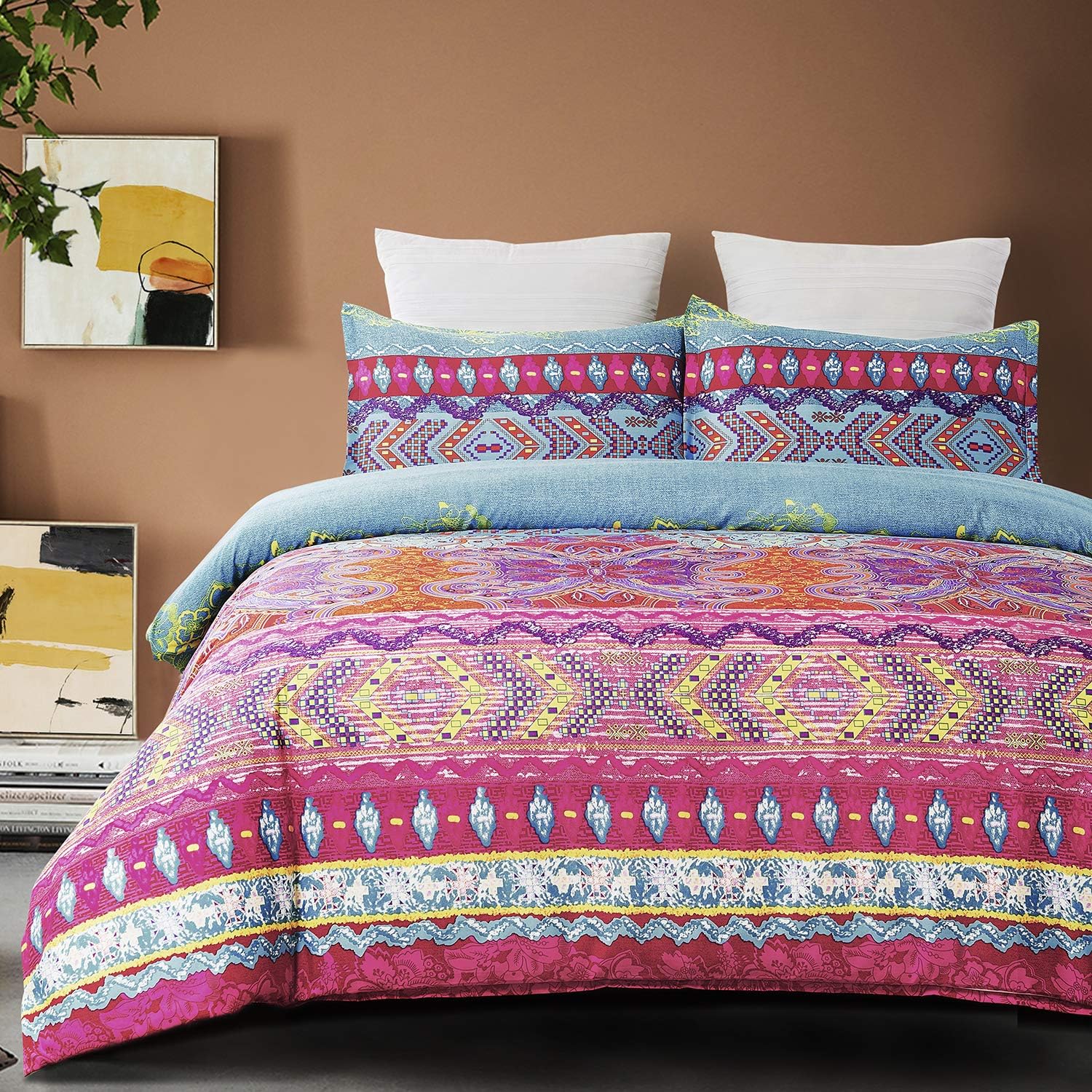 Vaulia Soft Microfiber Duvet Cover Set, Boho-Chic Print Pattern, Pink Color - Queen Size (3-Piece Set)