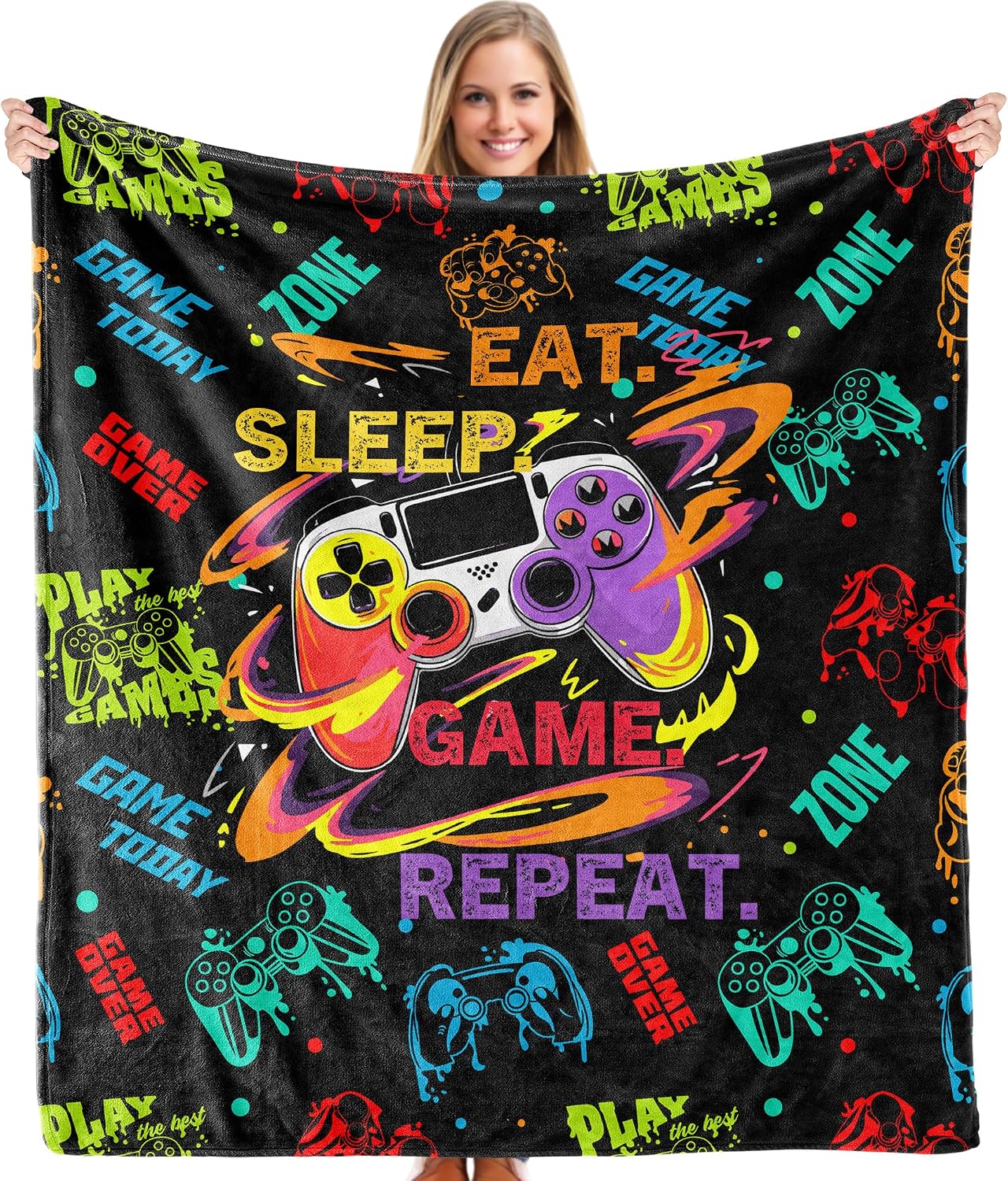Black Gaming Flannel Blanket, Eat Sleep Game Repeat, Gamer Gifts for Boys Kids Teens, Gaming Gamer Throw Blankets Gifts for Bed Couch Bedroom Living Room Decor, 50x60 Inches