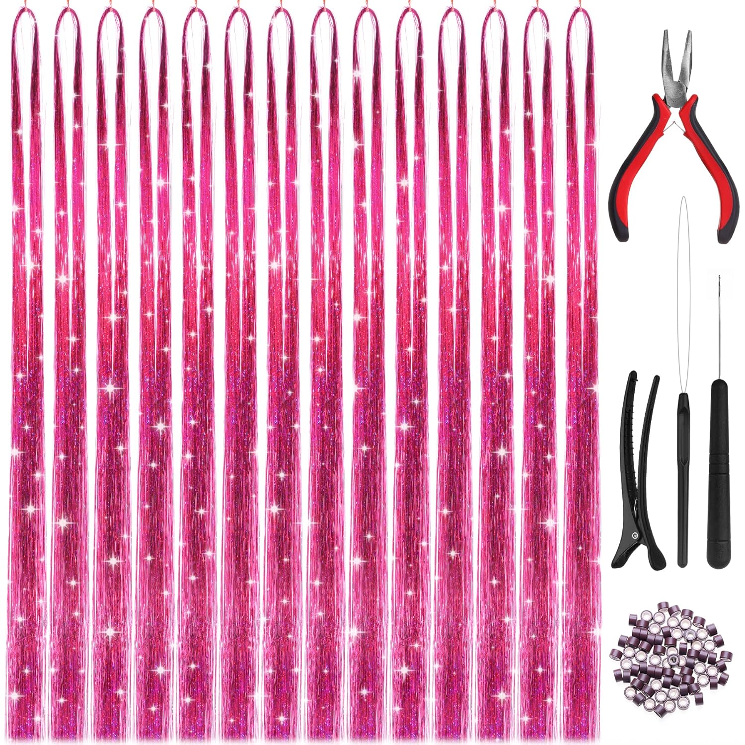 HAUTOCO Hair Tinsel Kit, 2800 Strands 47 Inch Glitter Pink Tinsel Hair Extensions