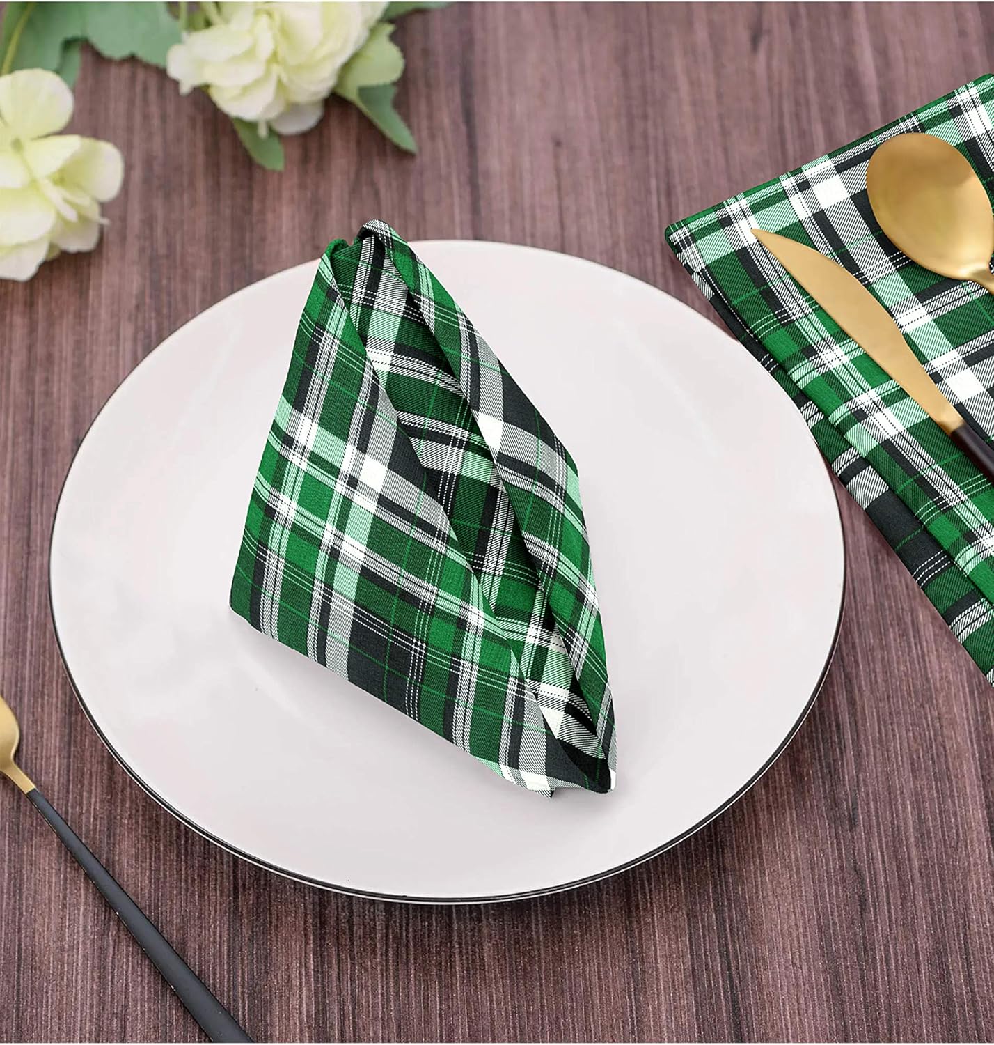 20 Pack 12 x 12 Inch Cotton Napkins & Rhinestone Napkin Rings Combo, Buffalo Check Plaid Nepkin Party Christmas Decorations Wedding Birthday Baby Shower