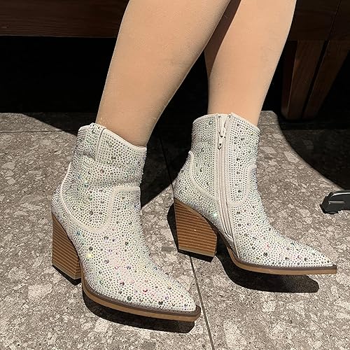 Miniatura 8 de OOHRHN Botas vaqueras brillantes de color para mujer, con diamantes de imitación, tacón grueso, detalle de perla, punta puntiaguda, para novia,