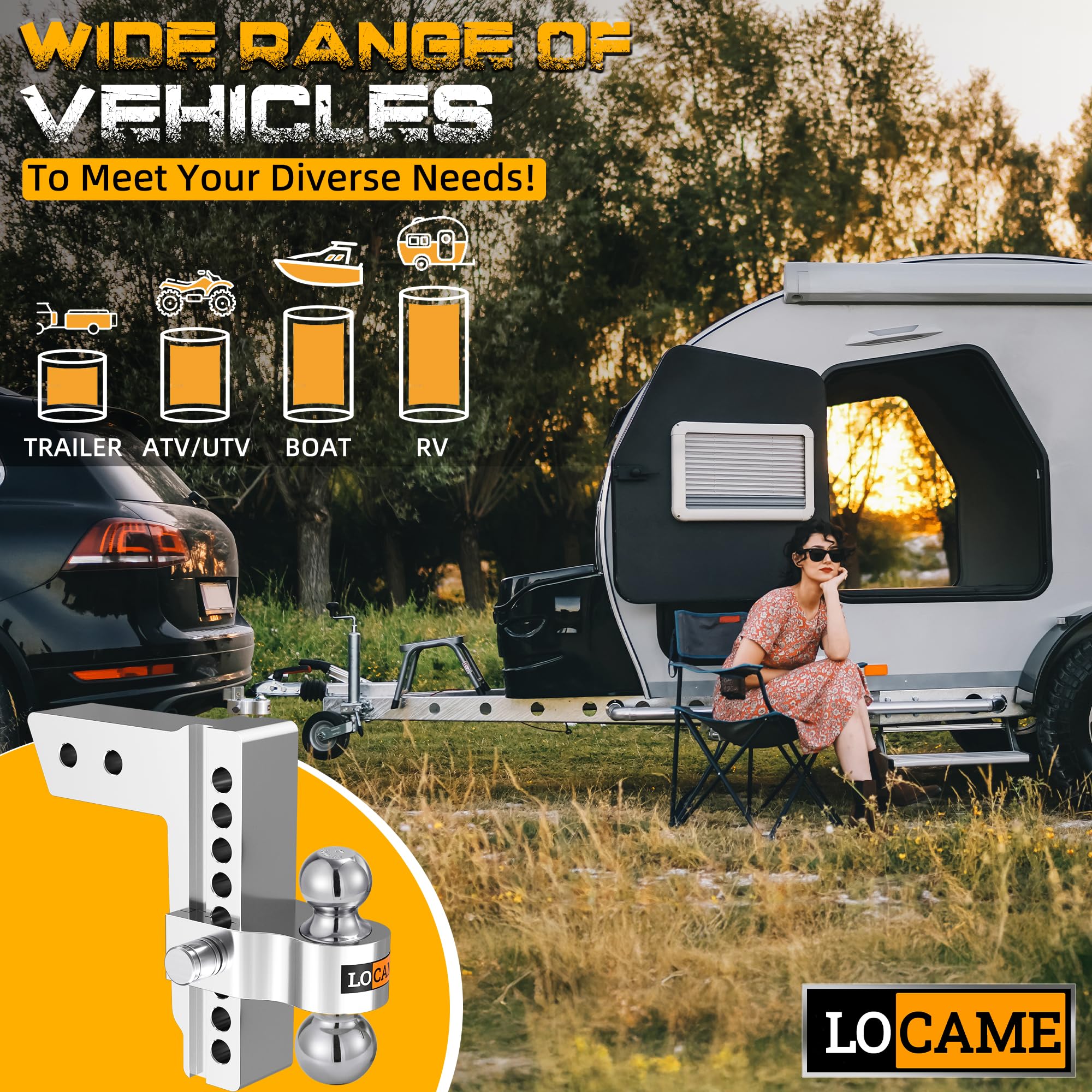 LOCAME Enganche de remolque ajustable, se adapta al receptor de 2.5 pulgadas, enganche de caída de aluminio de 8 pulgadas, enganche de remolque GTW8 kg para camión resistente con doble cierre de