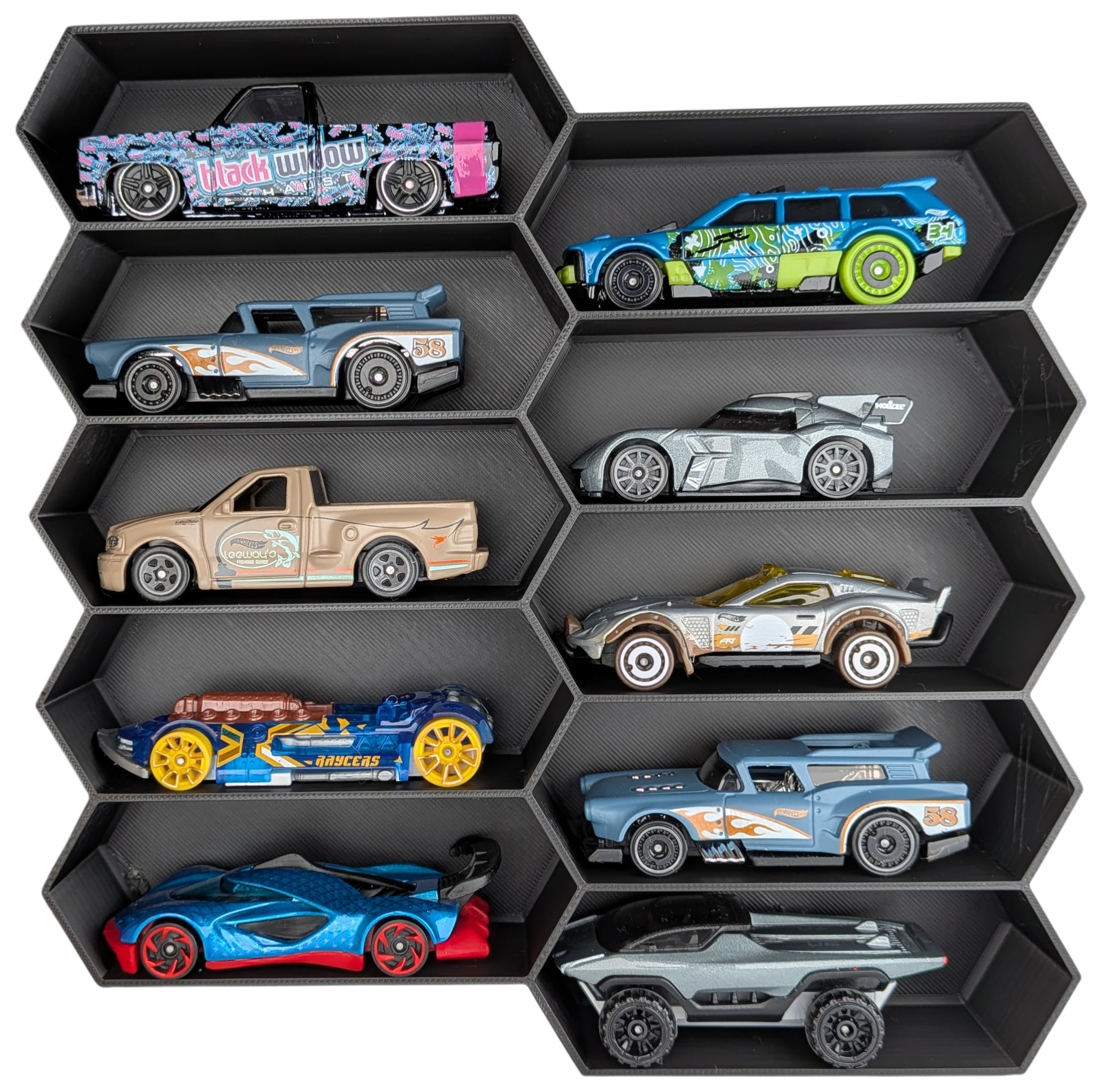Wall Mounted Hexagon Display Shelf compatible with Hot Wheels, Diecast Car Storage Organizer, 10 Car Capacity, Space Saving Design (Black)