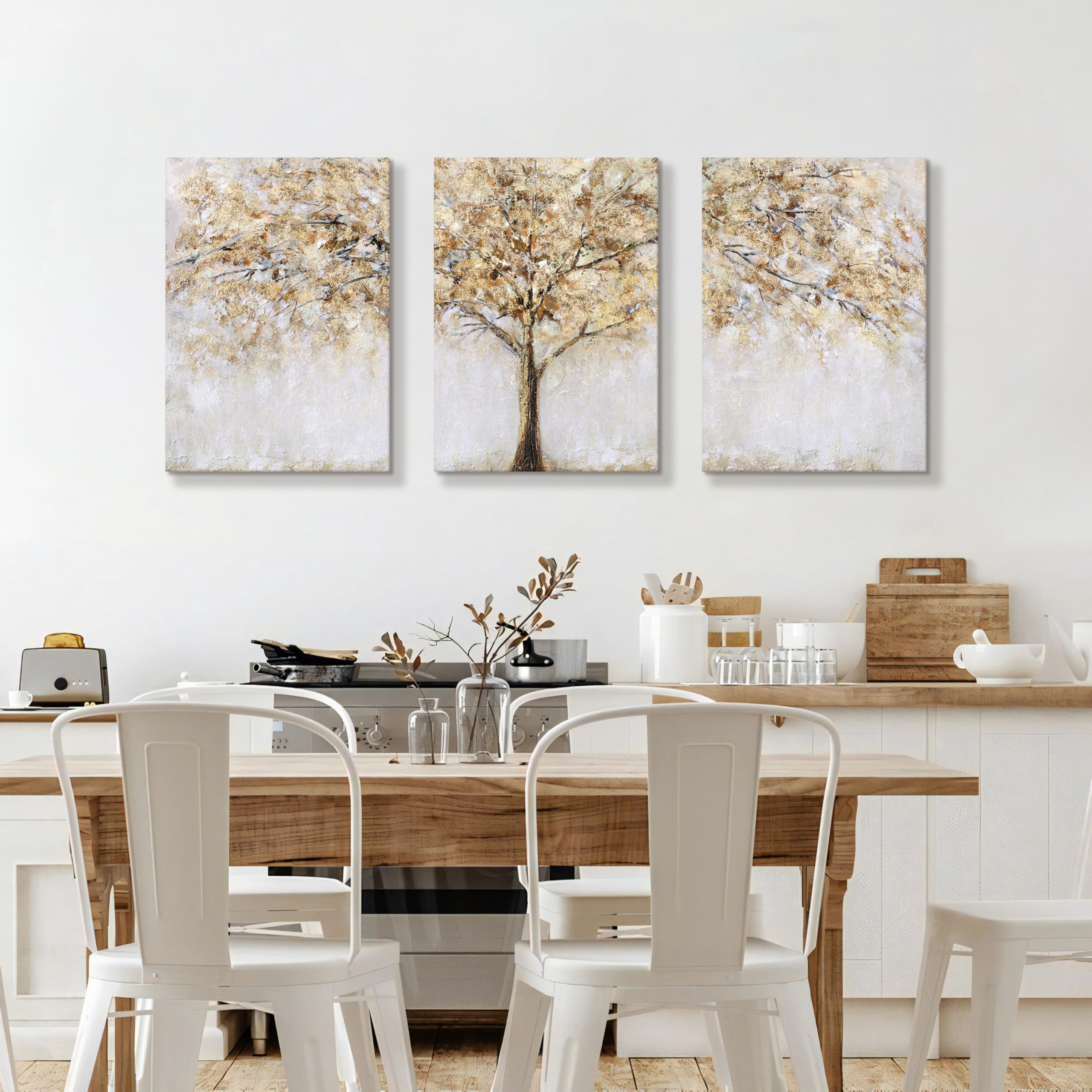 3 Pcs Marco de Madera Cuadro Modernos Lienzo Pintura Poster Autumn Árbol Imagen Foto Abstracto Amarillo Cuadros Decorativos Salon Dormitorio Comedor Pasillo Oficina Decoracion Pared 50cmx70cmx3