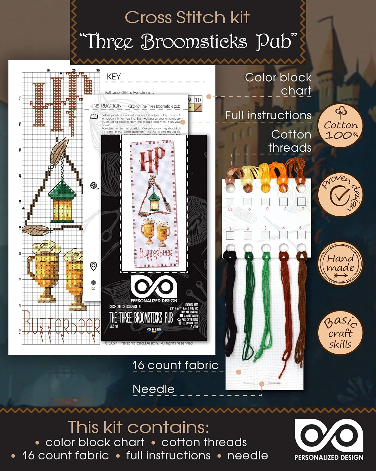 Personalized.Design Counted Cross Stitch Bookmark kit 'The Three Broomsticks'- DIY Hand Embroidery Bookmark Set