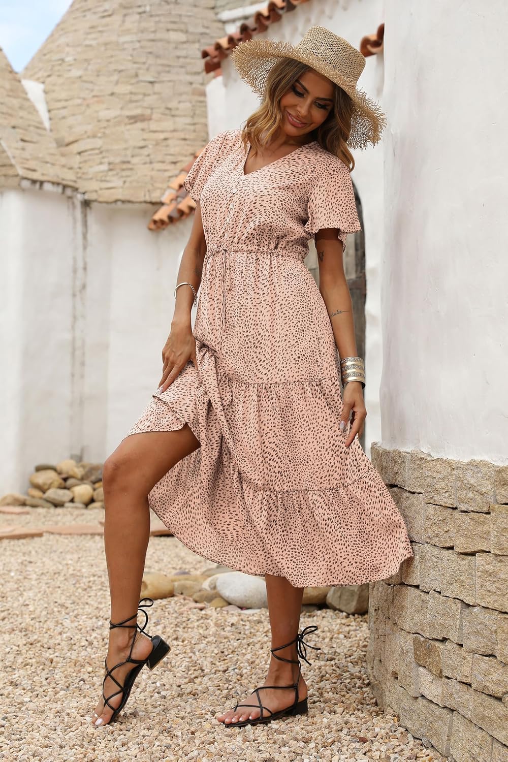 PRETTYGARDEN Floral Dress for Women 2026 Summer Casual Short Sleeve Maxi Dresses V Neck Tiered Flowy Boho Beach Sundress - Image 7