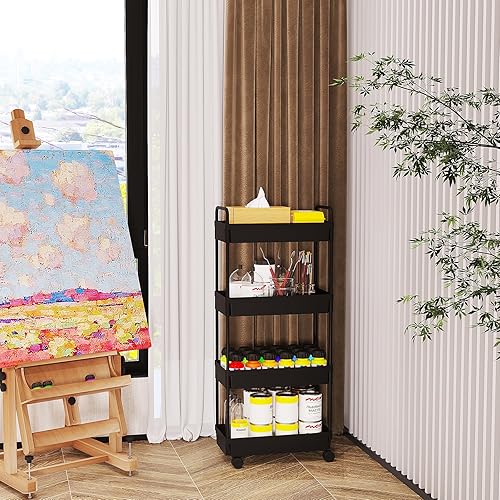 Miniatura 6 de Buzowruil Carrito de almacenamiento rodante de 4 niveles, organizador de estantería móvil, carrito utilitario con ruedas para cocina, baño,