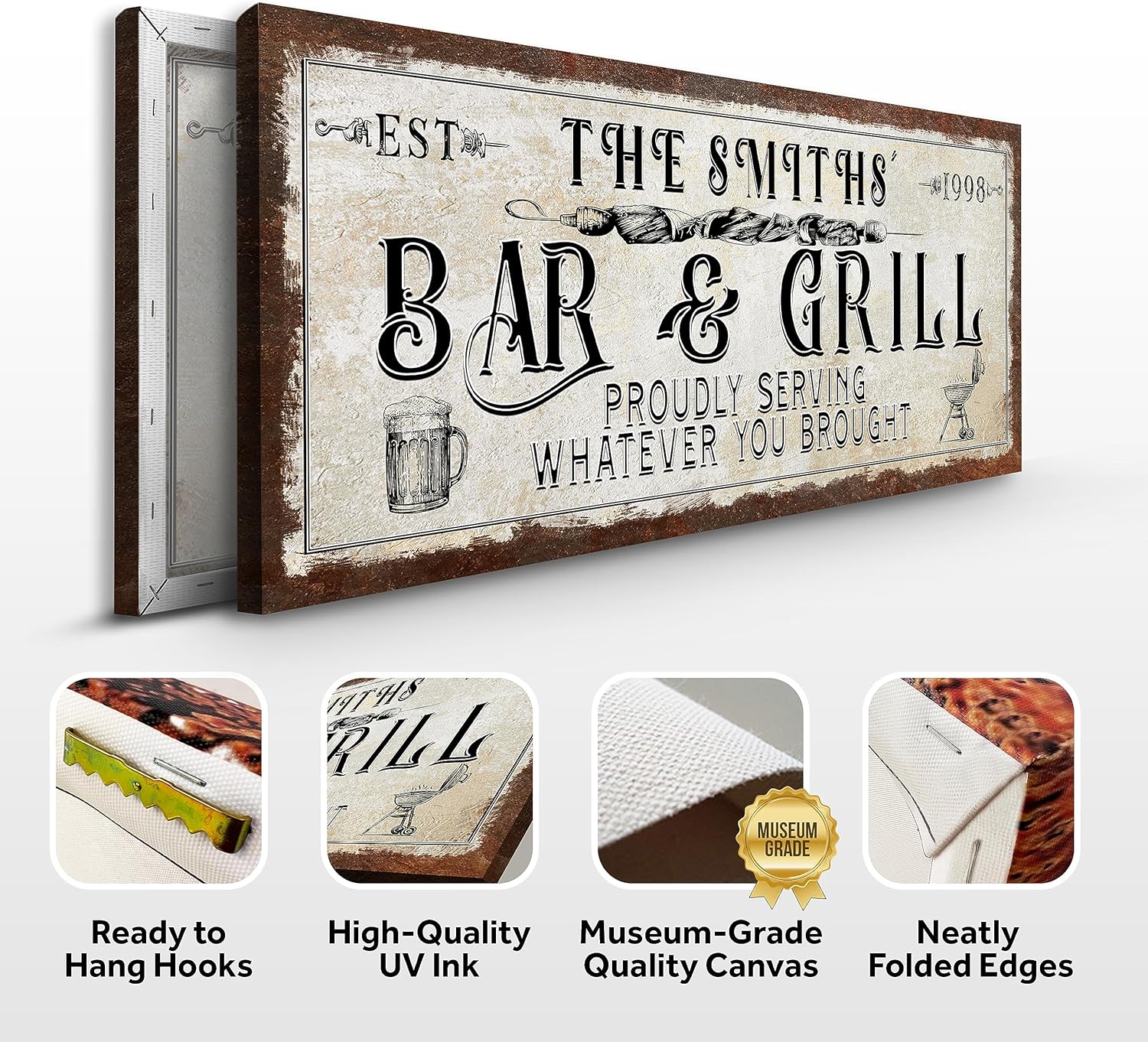 Tailored Canvases Custom Bar and Grill Sign - Canvas Wall Art Decor for Man Cave, Hideout, Kitchen, Pub, Diner and Restaurant - Rustic Bar & Grill Hook on Cloth with 1 Beer Mug and Griller, 20x10