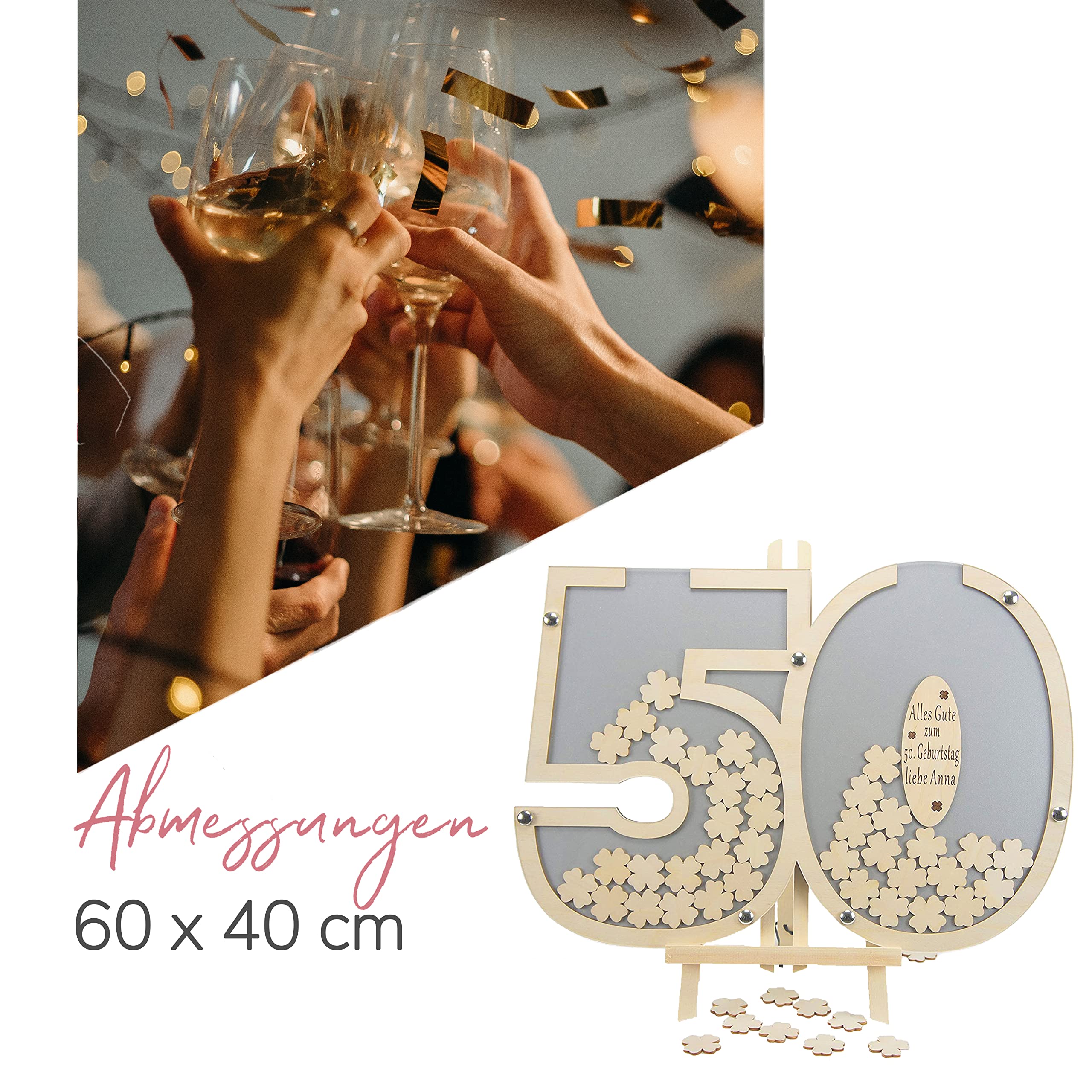 Besonderes personalisierbares Gästebuch aus Holzzahlen 50 | 40x60 cm in Grau | Holz Kleeblätter zum Beschriften für Namen und Sprüche z.B. Geburtstag - Geburtstagsdeko mit Acrylglas