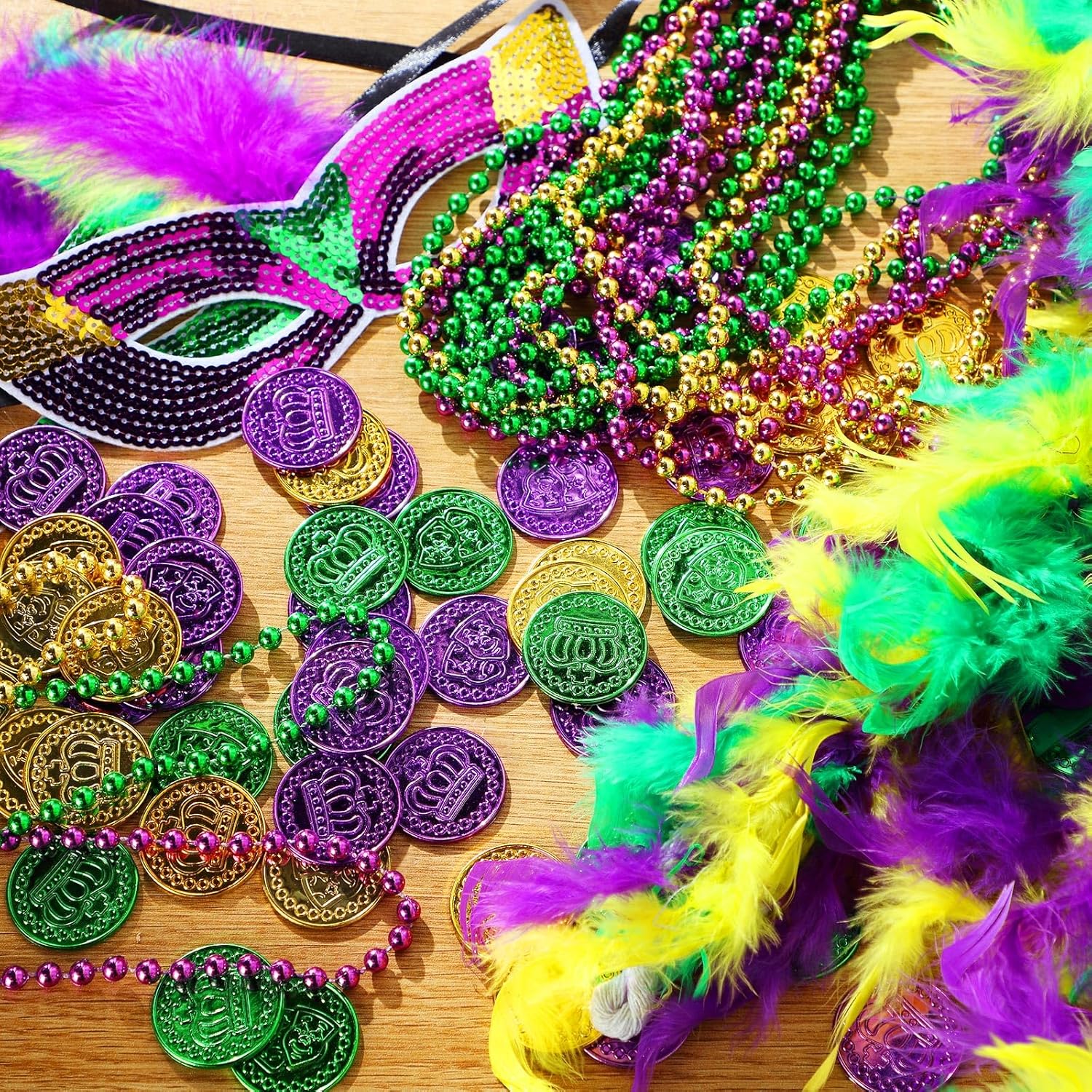 Civaner 138 Pieces Mardi Gras Costume Accessory Set, Masquerade Party Supplies, Mardi Gras Masks Feather Boa Metallic Beads Necklaces Green Purple Gold Plastic Coins for Carnival Decor