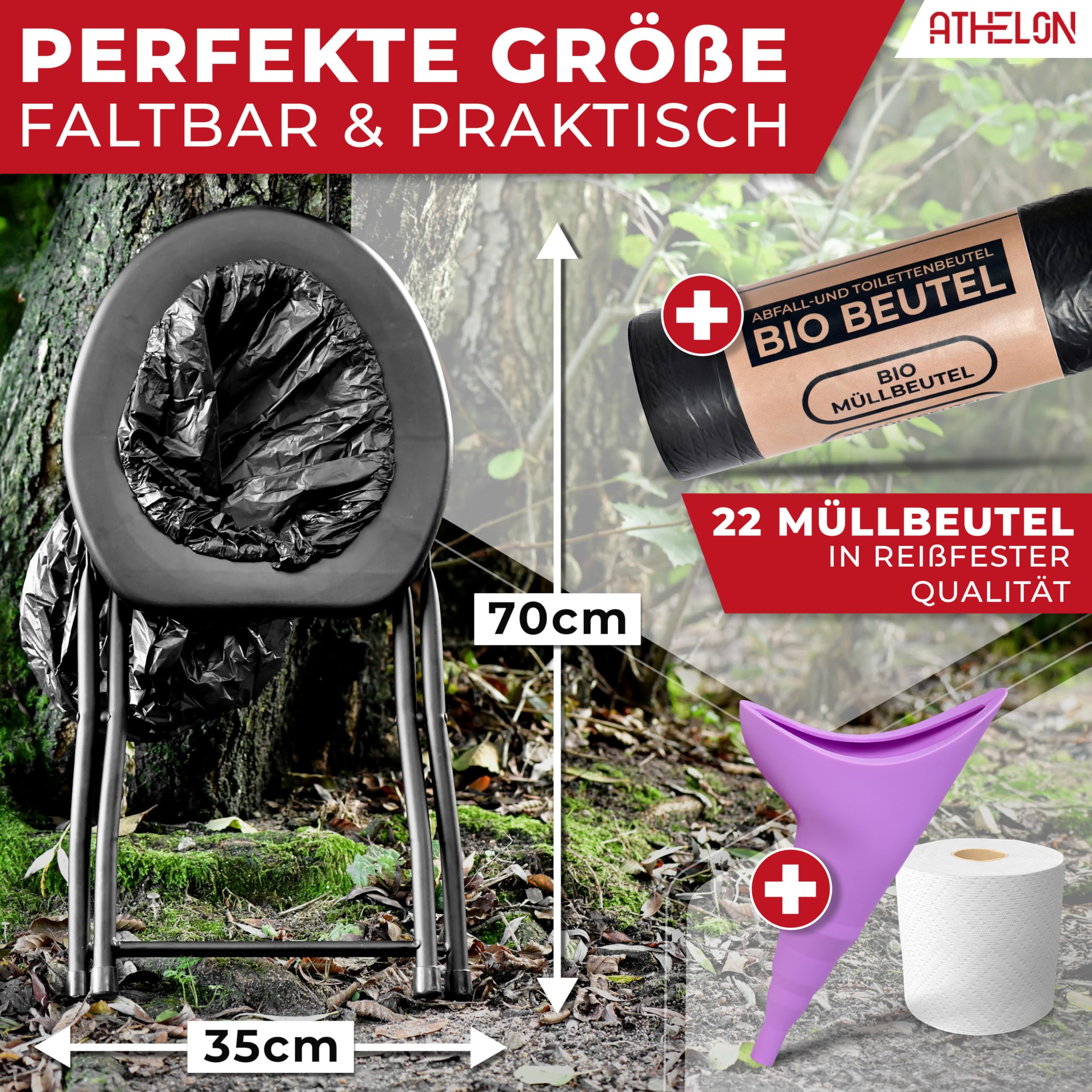 ATHELON® Toilettes de camping avec papier toilette et sacs poubelle - Toilettes de camping améliorées [2023]