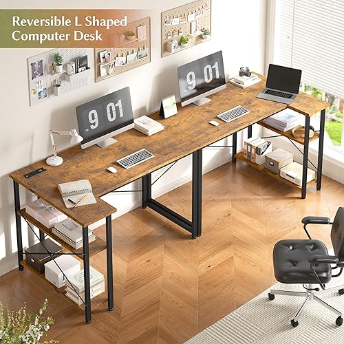 Miniatura 7 de EnHomee Escritorio pequeño para computadora con estantes de almacenamiento y bolsa lateral, escritorio de juegos en forma de L de 40 pulgadas con