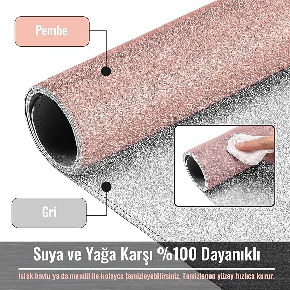 Klasse Double Color Stitched PU Leather Table Mat 80x40 Cm Mousepad, Waterproof Table Cluster, Double Sided Use, For Laptop/Office/Home, Anti-Slip Base (Pink And Grey)