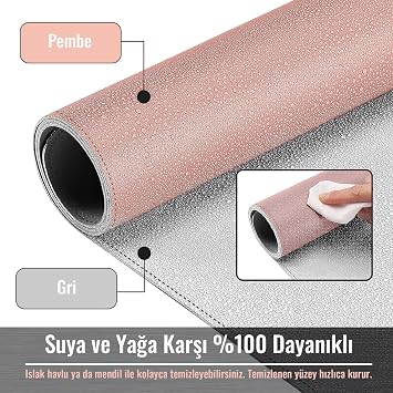 Klasse Double Color Stitched PU Leather Table Mat 80x40 Cm Mousepad, Waterproof Table Cluster, Double Sided Use, For Laptop/Office/Home, Anti-Slip Base (Pink And Grey)