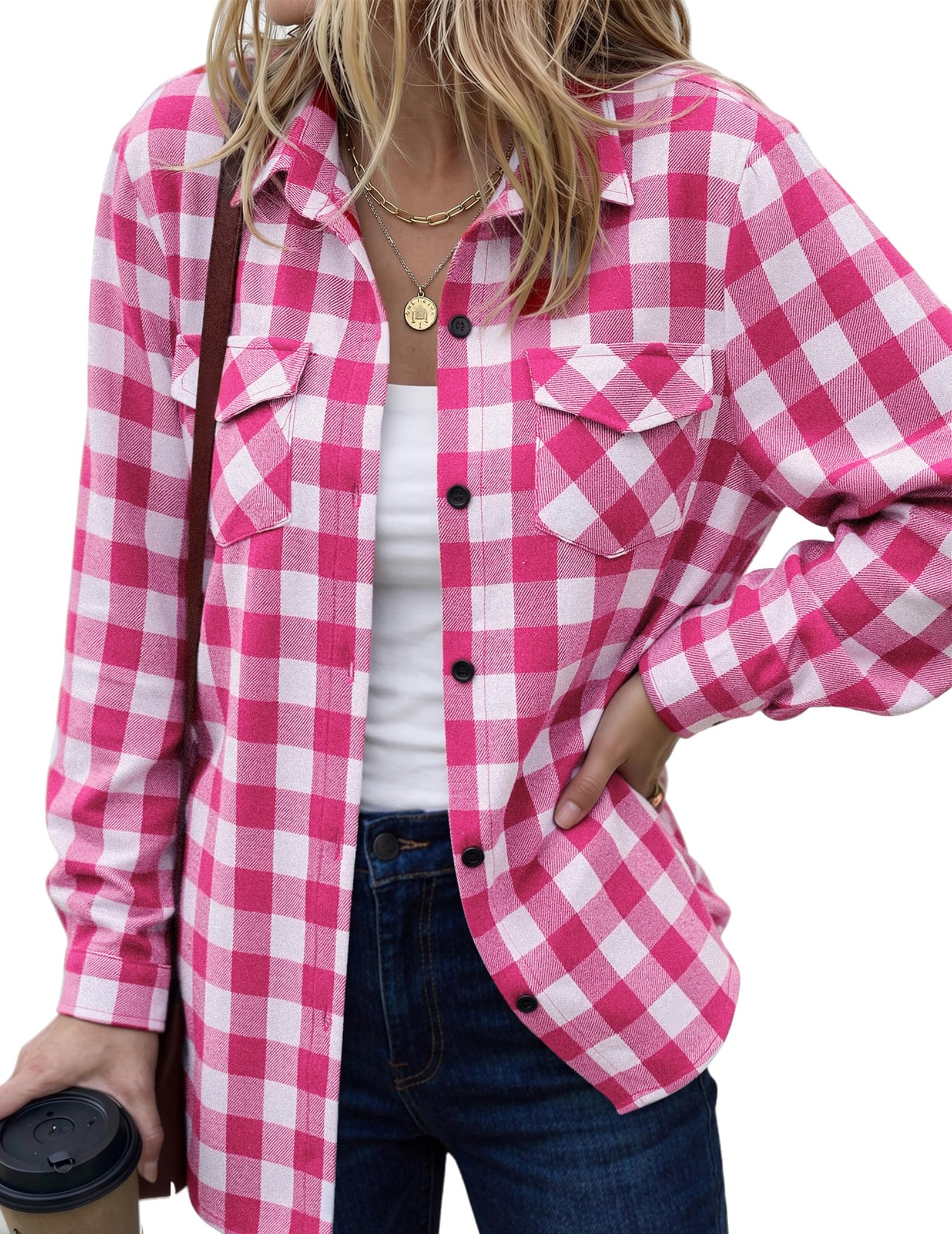 Zeagoo Womens Plaid Flannel Shirt Long Sleeve Top Casual Button Down Blouse | Flannel Plaid Shirt,Cotton Fabric,Loose Fit Blouse,Business Casual Outfits,2026 Fashion Fall Western Shacket Jacket