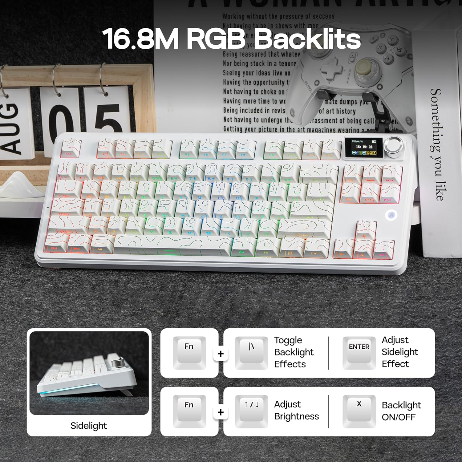 MechLands AJAZZ AK870 V2 TKL Gasket Mechanical Keyboard, BT5.0/2.4GHz/USB-C Wireless Gaming Keyboard with 10000mAh Battery, RGB Backlits, 5-Layer Padding, NKRO for Win/Mac (White, with Screen)