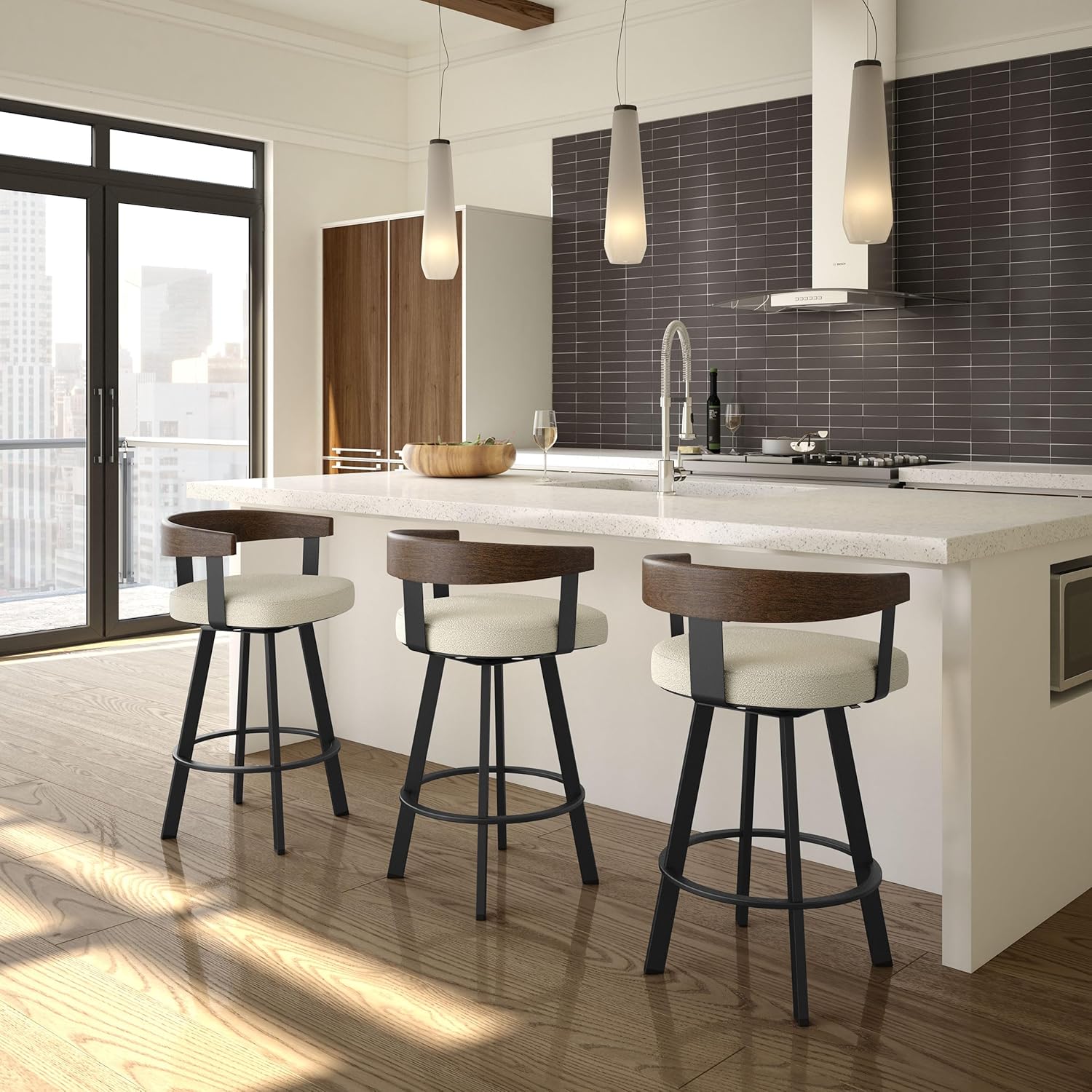 Amisco Lars 26" Swivel Counter Height Barstool, Upholstered Stool with Solid Wood Back and Arms for Kitchen Island or Bar, Drees Stool, Cream Bouclé Polyester/Brown Wood/Black Metal