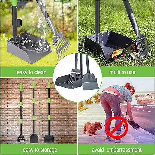 Miniatura 5 de Niubya Recogedor de excrementos para perros, bandeja de metal para recoger excrementos y rastrillo, pala para excrementos con mango largo ajustable,