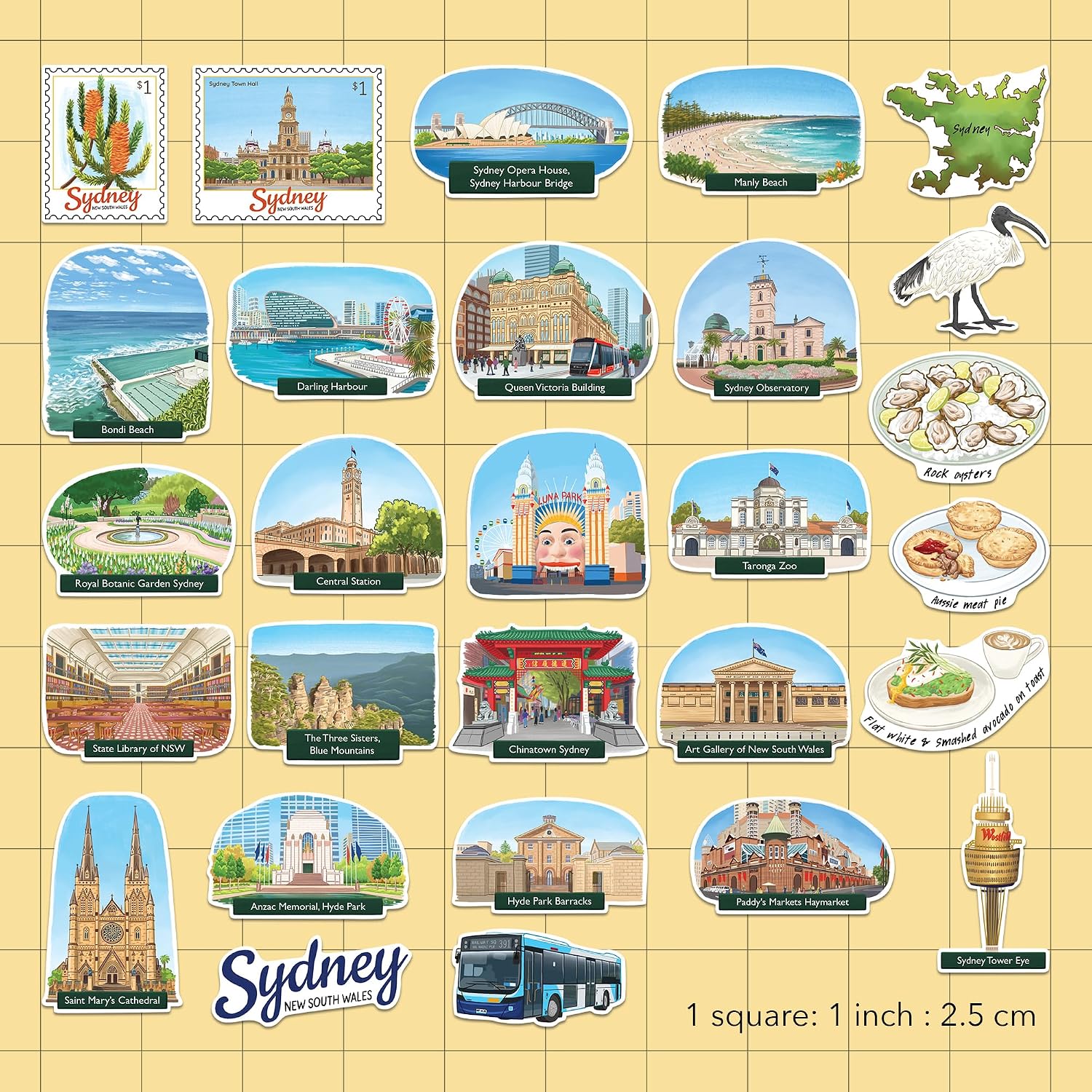 Navy Peony Spectacular Sydney Travel Stickers (28pcs) - Hand-Illustrated, Gouache Style, Australia-Themed Decals for Journals, Scrapbooks, Laptop image 2