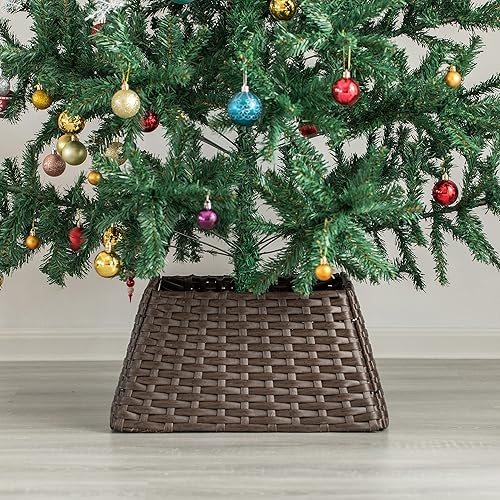 Miniatura 3 de Gardenised Cesta plegable para collar de falda de árbol de Navidad, cubierta de soporte de base de anillo, plástico de ratán, marrón