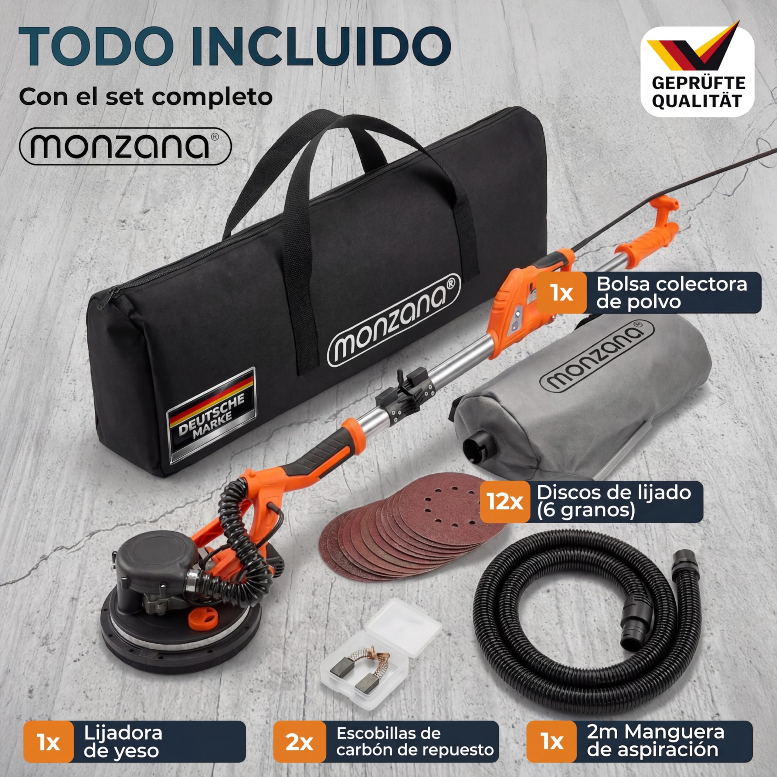MONZANA® Lijadora Jirafa Eléctrica con Aspirador 750W Potente Luz LED Pulidora Plegable Pared Techo Obra Seca Ø225mm Placas Yeso Portátil Bolsa Almacenamiento Velocidad 5 Niveles 12 Discos Lijadores