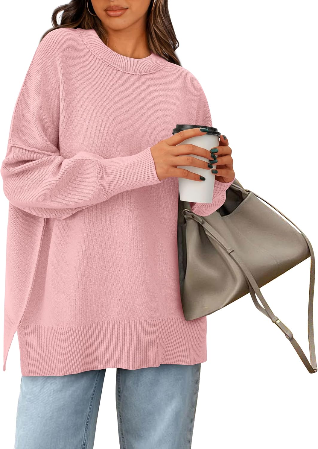 PRETTYGARDEN Women's Oversized Sweater 2025 Casual Fall Outfits Crewneck Long Sleeve Side Slit Chunky Knit Pullover Tops