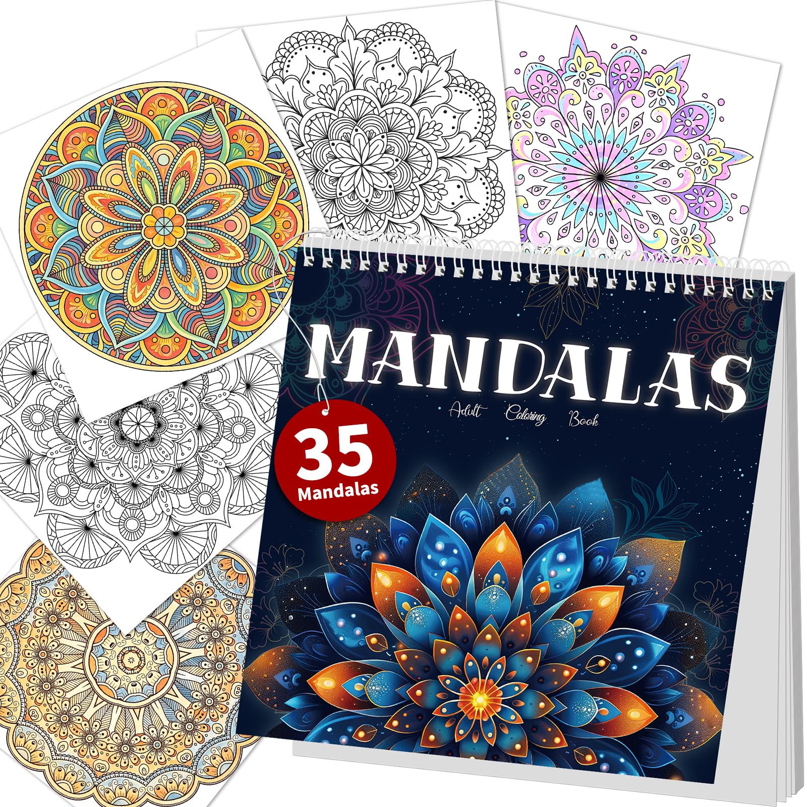 Elfew Mandala Colouring Books for Adults, Colouring Books for Adult Relaxation and Stress Relief, 35 Mindfulness Patterns in Mandala, Mindfulness Gift, Spiral Bound Colouring (21.5x21.5CM)
