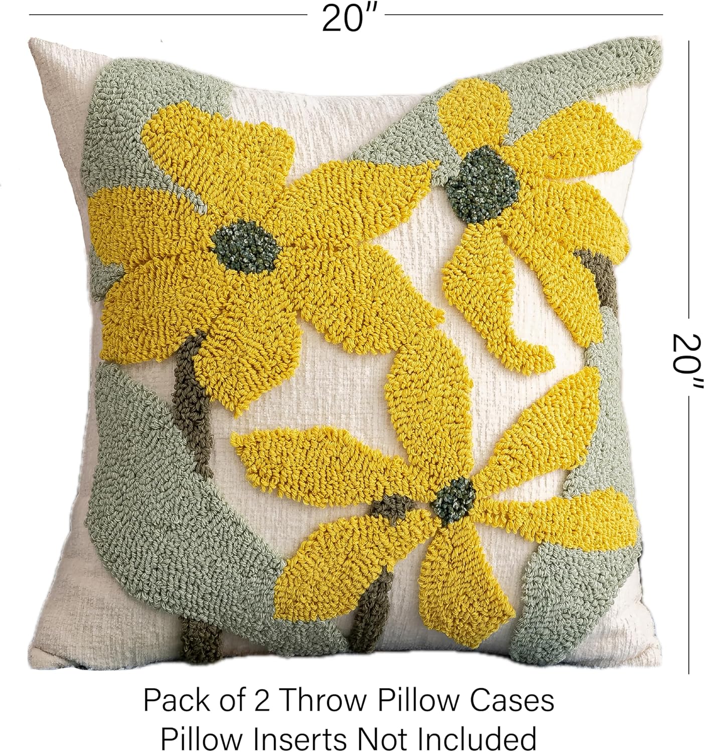 Yellow Floral Embroidered Throw Pillow Covers 20" x 20" Set of 2, Farmhouse Flowers Green Leaves Tufted Patterned Cushion Cases for Couch Bed Living Room Decor