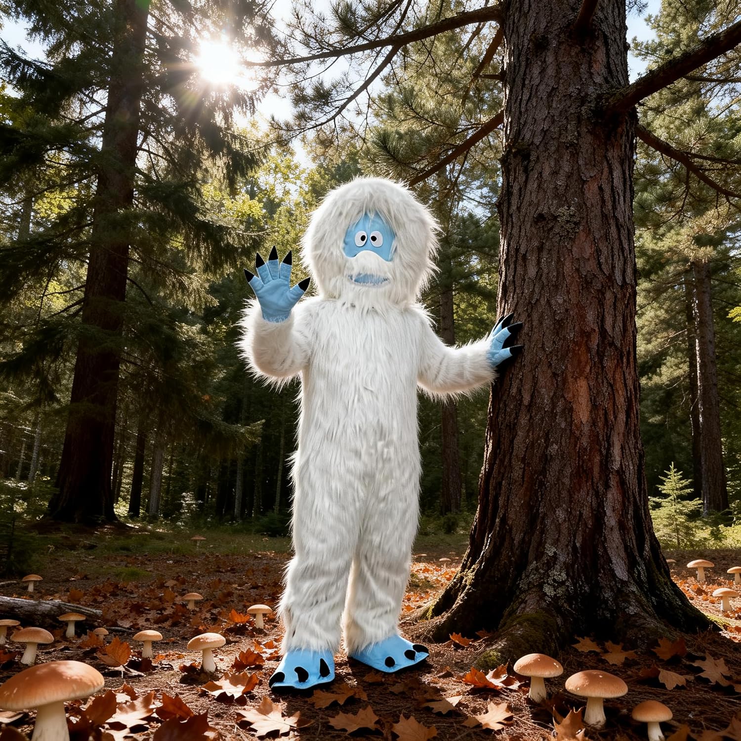 White Yeti Mascot Costume - Adult Size Full Body Snowman Monster Suit with Blue Paws