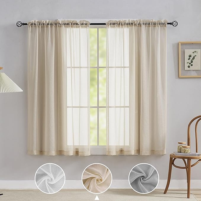 Home Brilliant Short Linen Look Sheer Curtains 114 CM Drop, Semi