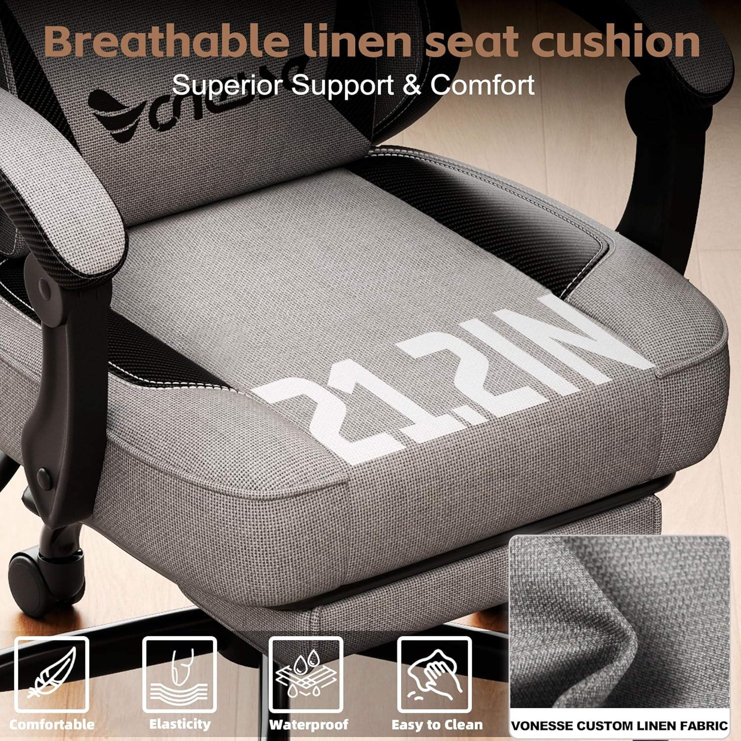 Vonesse Gaming Chair, Office Chair with Linen Breathable Mesh Fabric, Desk Chair with Lumbar Support and Massage, Executive Computer Chairs with Footrest and Headrest (Gray)