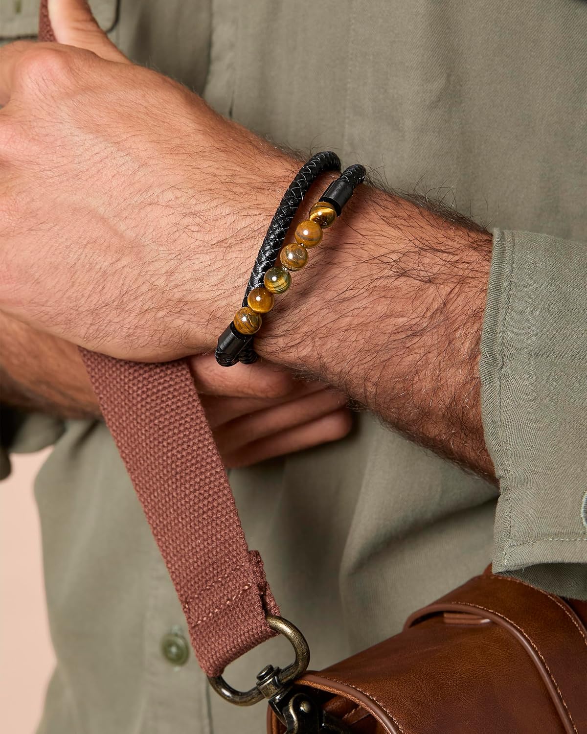 SALLY ROSE Lucky Brand Braided Cord Men's Bracelet with Tiger's Eye Beads, Stainless Steel Hardware, Gifts for Him