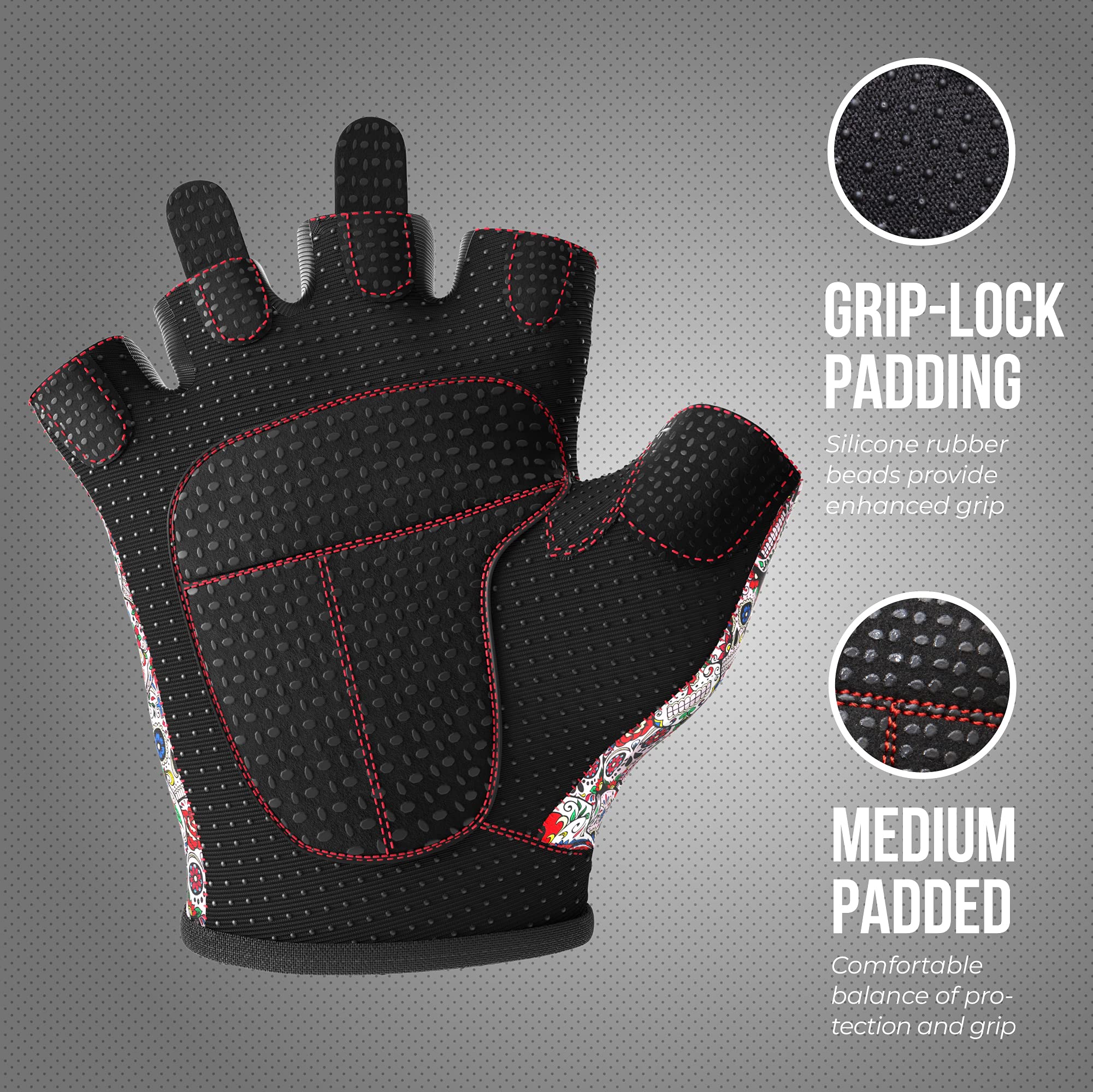 Contraband Pink Label 5237 - Guantes de musculación para mujer con diseño de calaveras (par), Medium, Blanco