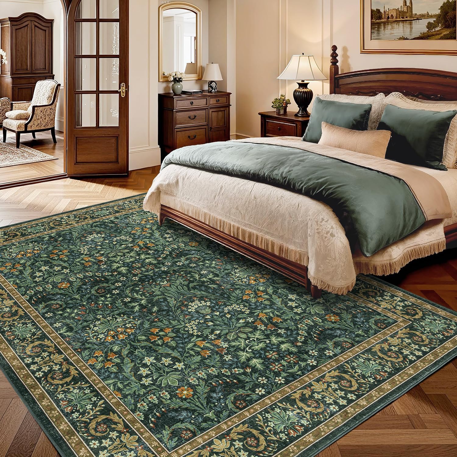 Woaboy Washable 8x10 Area Rug for Living Room Bedroom Dining Room Under Kitchen Table,Non-Slip Low Pile Stain Resistant Soft Large Carpet for Vintage Floral Oriental Home Decor Green Gold