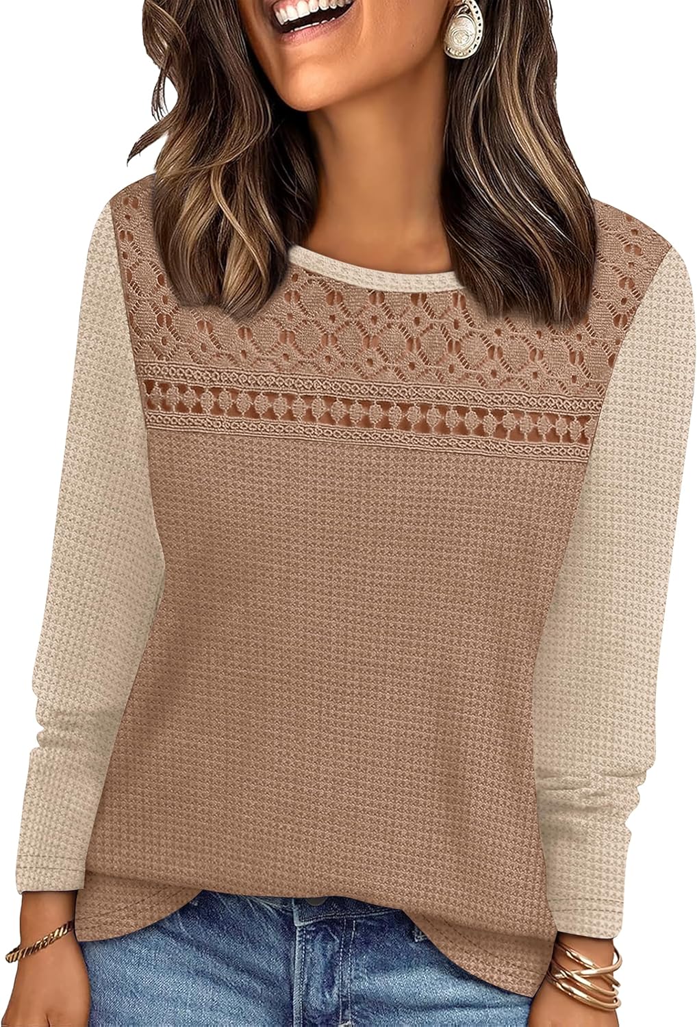 WIHOLL Womens Lace Long Sleeve Shirts Fall Tops Fashion Dressy Casual Lightweight Sweaters Mesh Clothes Trendy Waffle Knit